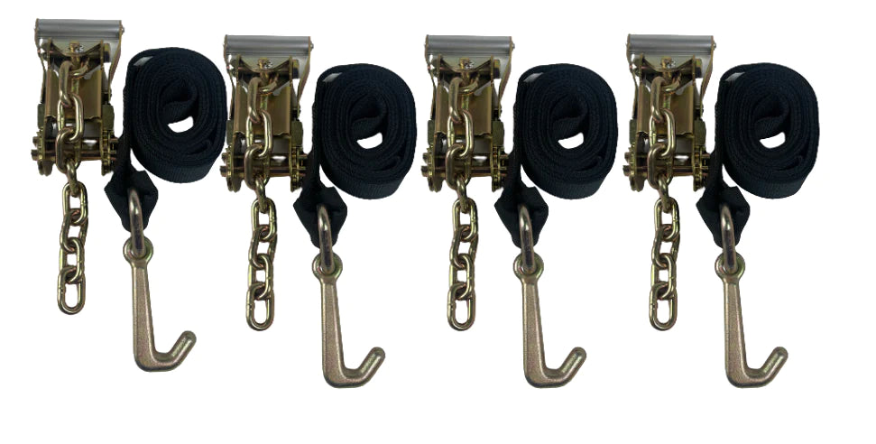 2-Pack 10-Foot Diamond Weave Ratchet Straps with Mini J-Hooks & Chain Tail - Heavy Duty Tie Down Straps for Trucks, Trailers, Motorcycles & Cargo Securing (4-Pack)