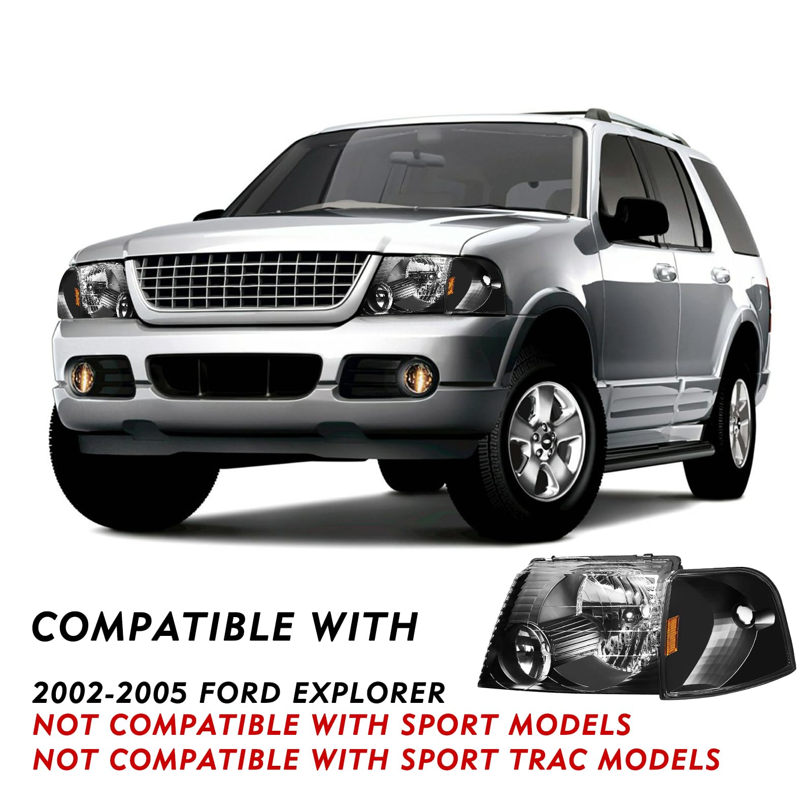 2002-2005 Ford Explorer Headlight Assembly with Bulbs - Complete 4pc Set (Driver & Passenger Side) - Black Housing & Amber Reflector - Includes Corner Lights - Perfect for Night Driving & Off-Road Adventures