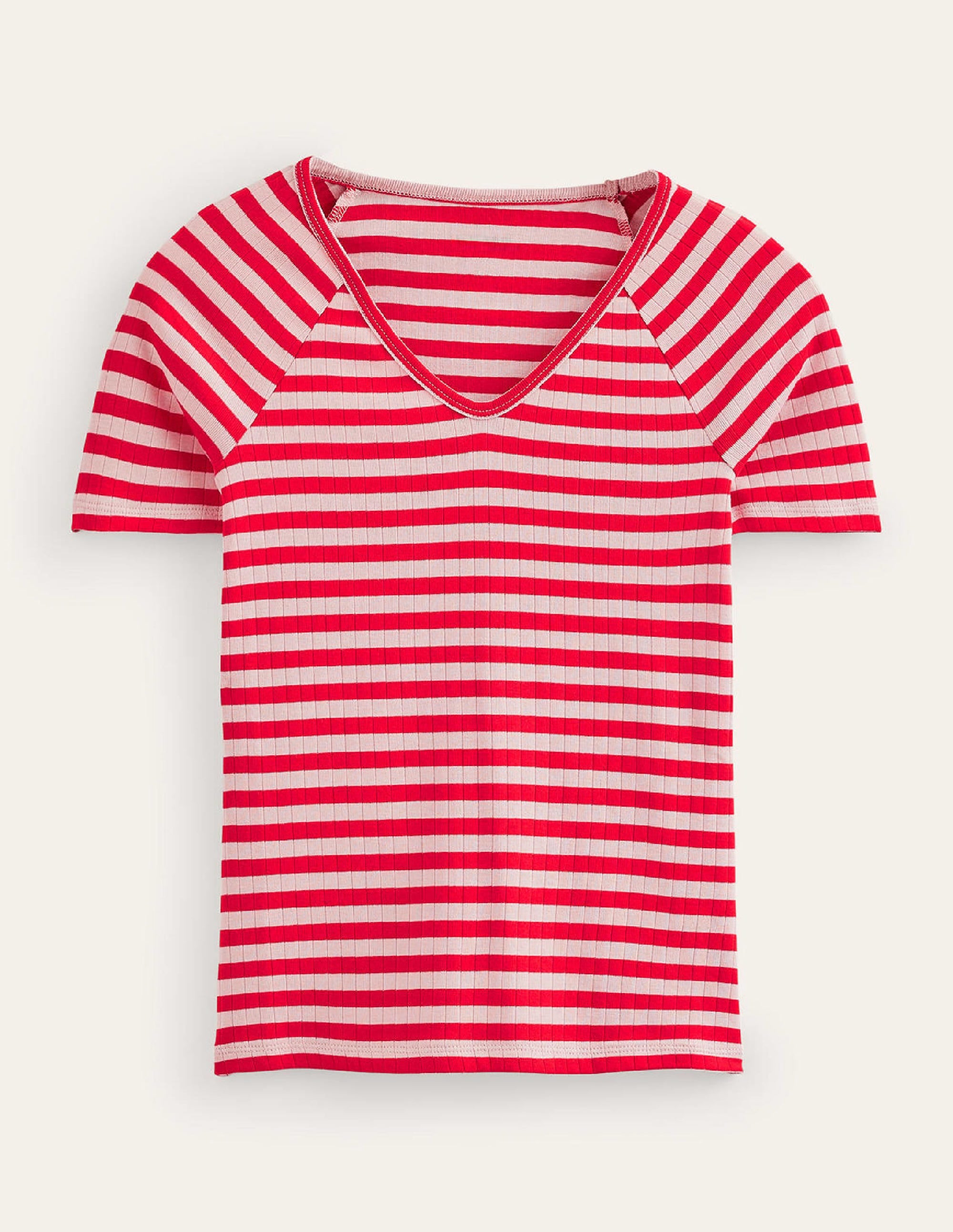 Anna Rib V-Neck T-Shirt for Women - Soft Peach Skin & Hot Pepper Stripe Design - Casual Wear, Layering, and Everyday Outfits