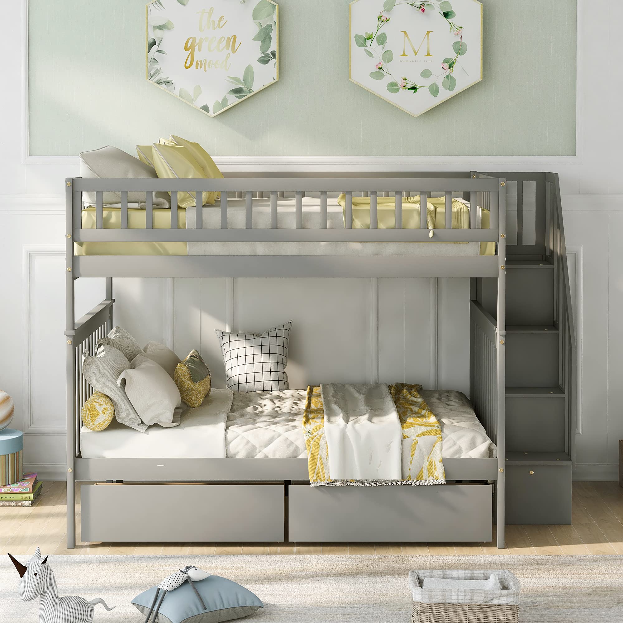 MERITLINE Full Over Full Bunk Bed with Stairs & 2 Storage Drawers - Convertible Wooden Loft Bed for Kids & Teens - Space-Saving Twin Bunk Bed Separates into 2 Full Beds (Grey) - Perfect for Small Bedrooms, Dorms & Shared Kids' Rooms