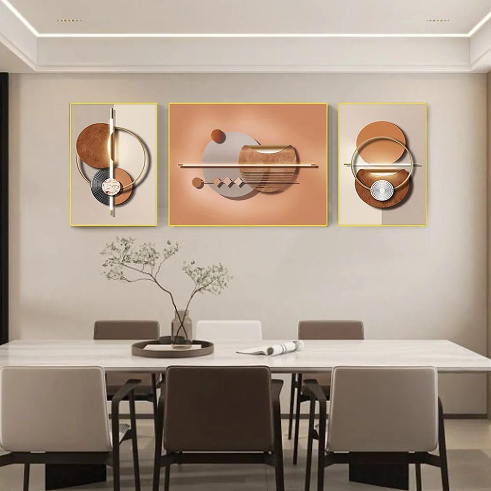 Abstract Wall Art Set of 3 - Modern Geometric Canvas Paintings with Frame - Wall Decor for Living Room, Bedroom & Office - Home & Office Decor