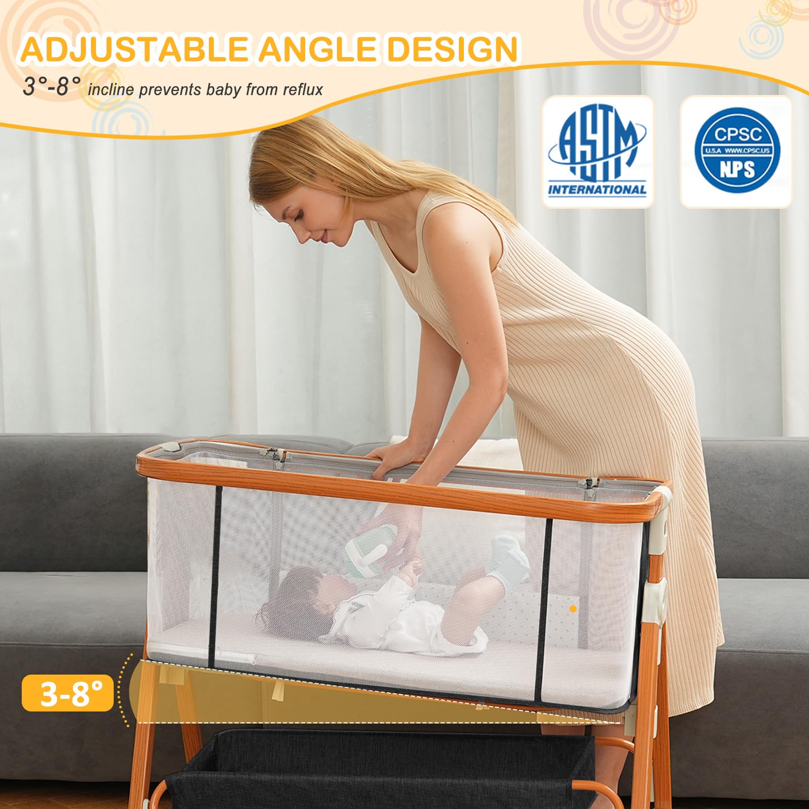 3-in-1 Adjustable Baby Bassinet Bedside Sleeper with Wheels, Storage Basket & Musical Toy - Breathable 4-Sided Mesh Crib for Newborns 0-6 Months (Black) | Perfect for Nursery, Bedroom Co-Sleeping & Late Night Feedings
