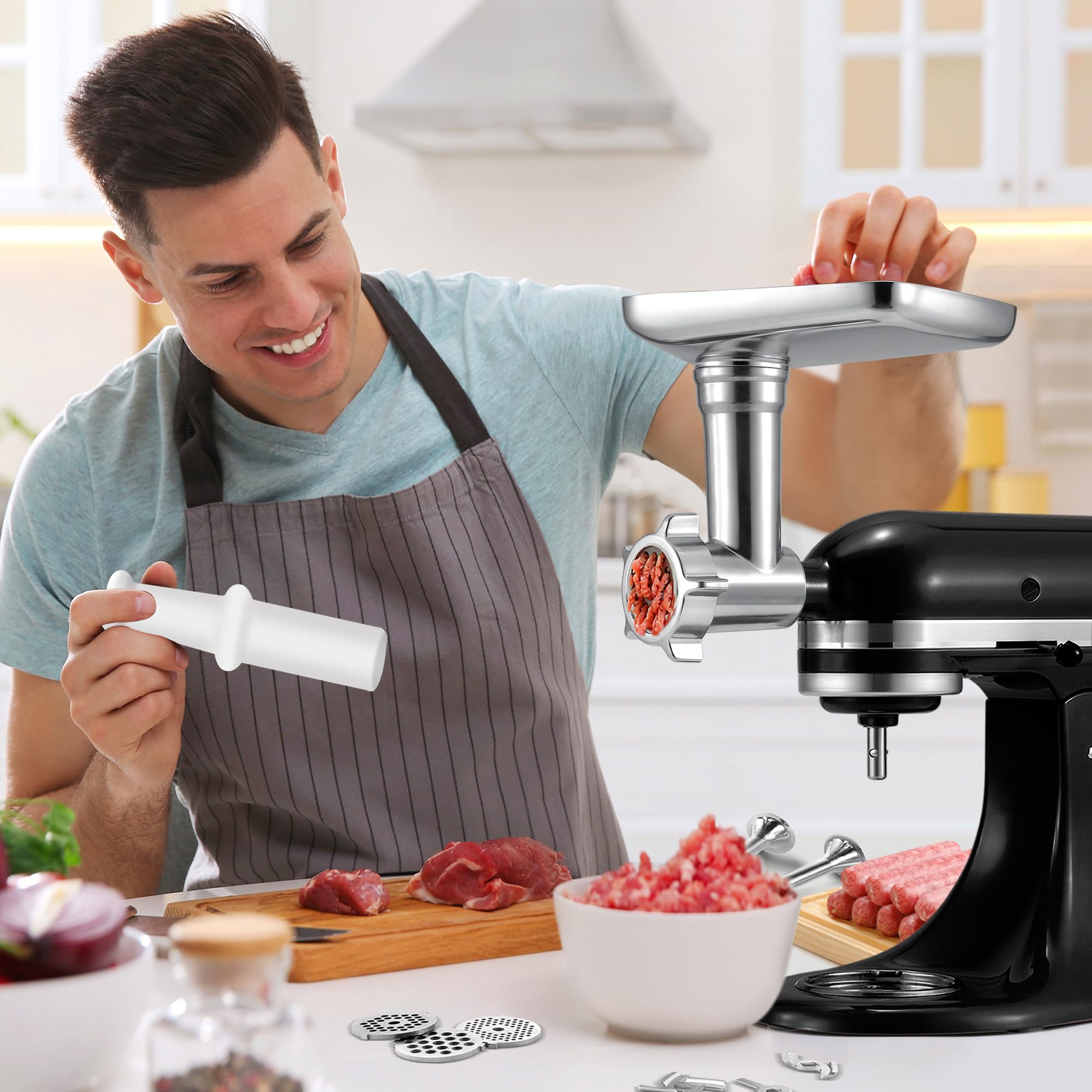 KitchenAid Stand Mixer Metal Grinder Attachment - Meat Grinder, Sausage Stuffer & Food Processor for KitchenAid Mixers (Silver, Mixer Not Included) - Perfect for Homemade Sausages, Burgers & Fresh Ground Meat