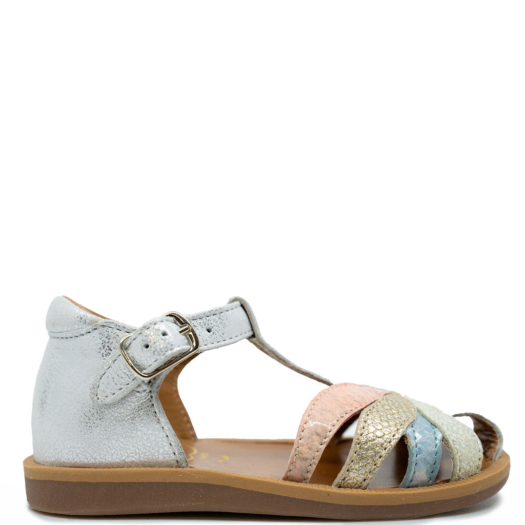 Pom D'Api Silver Flower Baby Sandals for Girls - Comfortable & Stylish First Walking Shoes for Toddlers - Perfect for Beach, Park, and Summer Outings