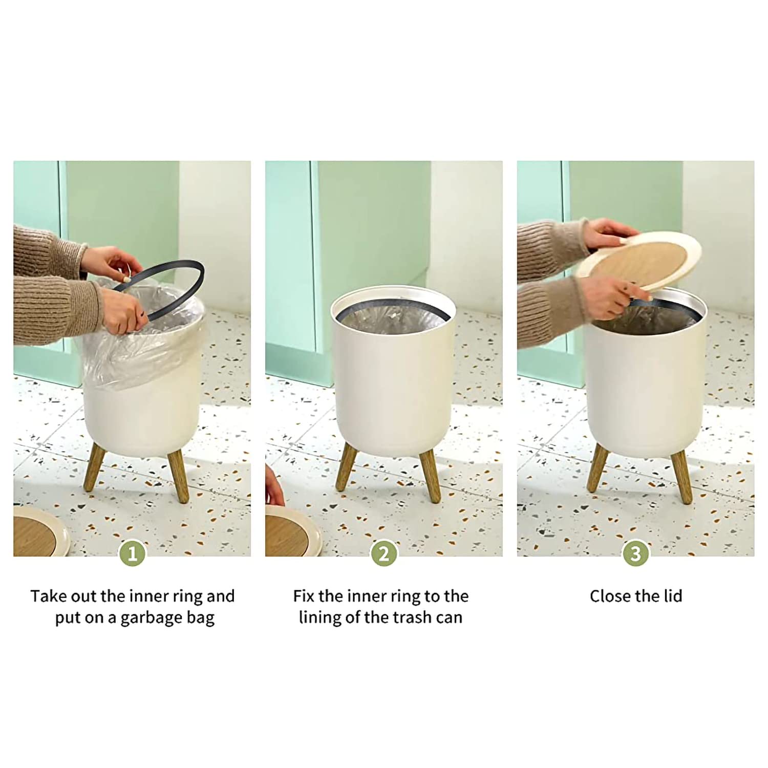 Nordic Style Trash Can with Lid - 1.8 Gallon (7L) Scandinavian Modern Push Top Garbage Bin Featuring Hand-Drawn Dinosaur Design | Perfect for Kids' Rooms, Nursery, Playroom & Scandinavian Home Decor