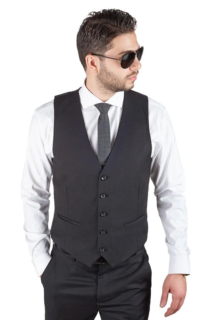 AZAR MAN Slim Fit 3 Piece Suit Set - Black Formal Vested Suit with 2 Button Notch Lapel for Business, Wedding & Special Occasions