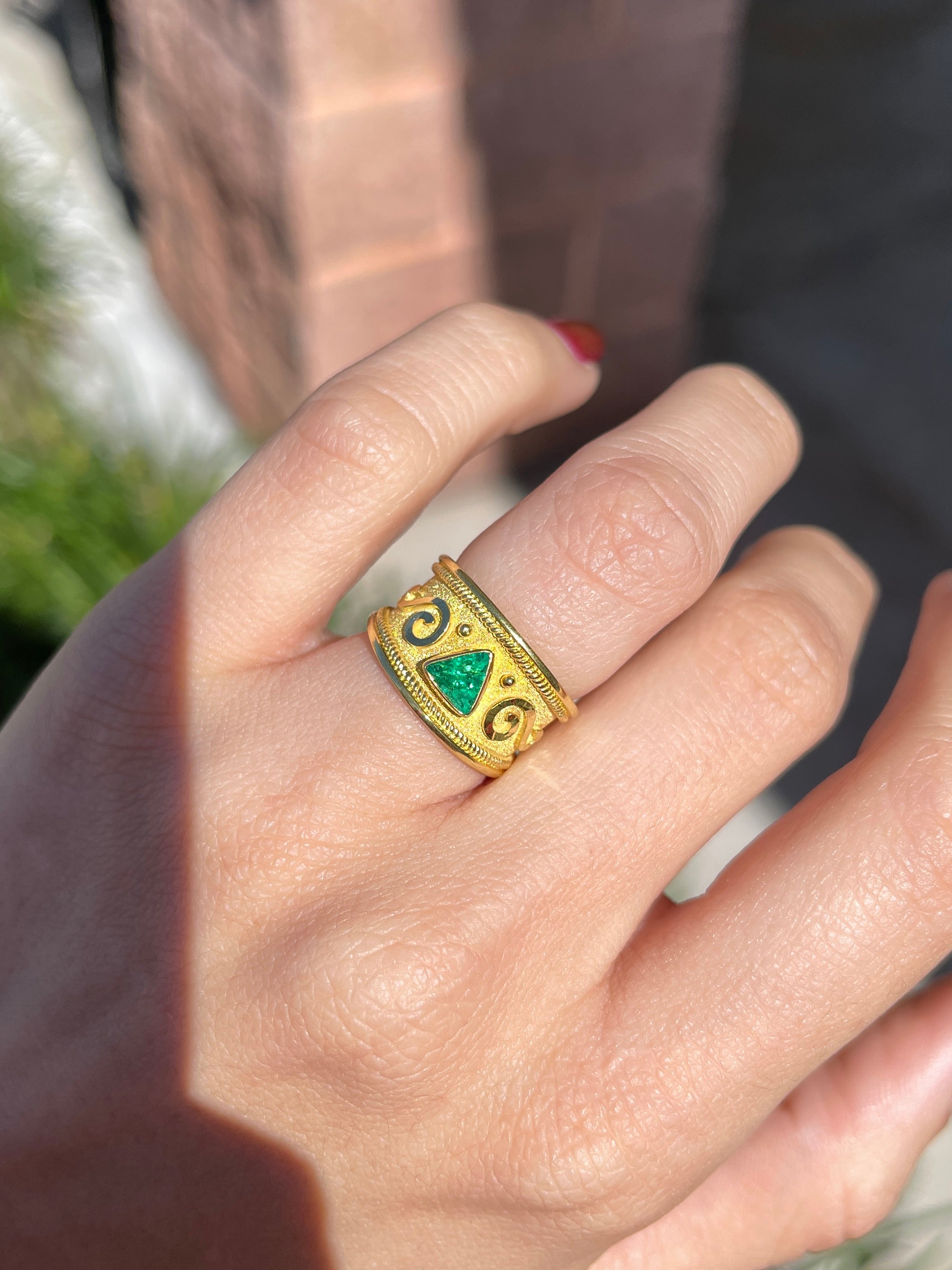 18K Gold Byzantine Trillion Cut Emerald Solitaire Ring - Size 6 - Elegant Wedding, Engagement & Anniversary Jewelry Gift for Women