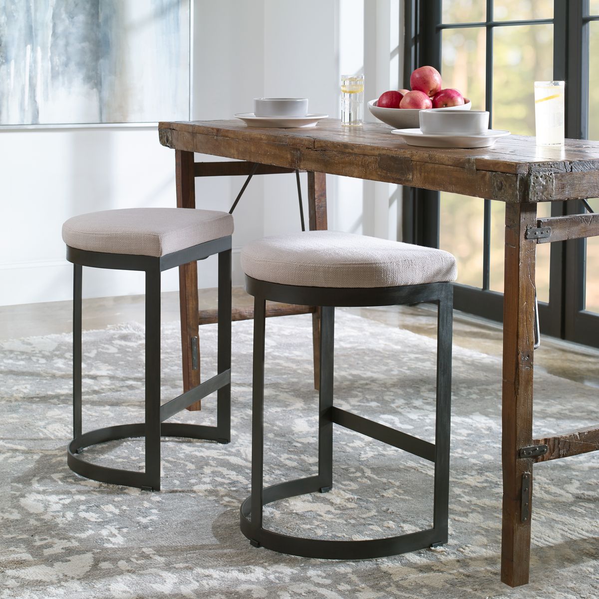 Modern Farmhouse Counter Stool with Matte Black Iron Base & Beige Linen Fabric - Rustic Kitchen Island Seating for Dining Room, Breakfast Bar or Home Decor