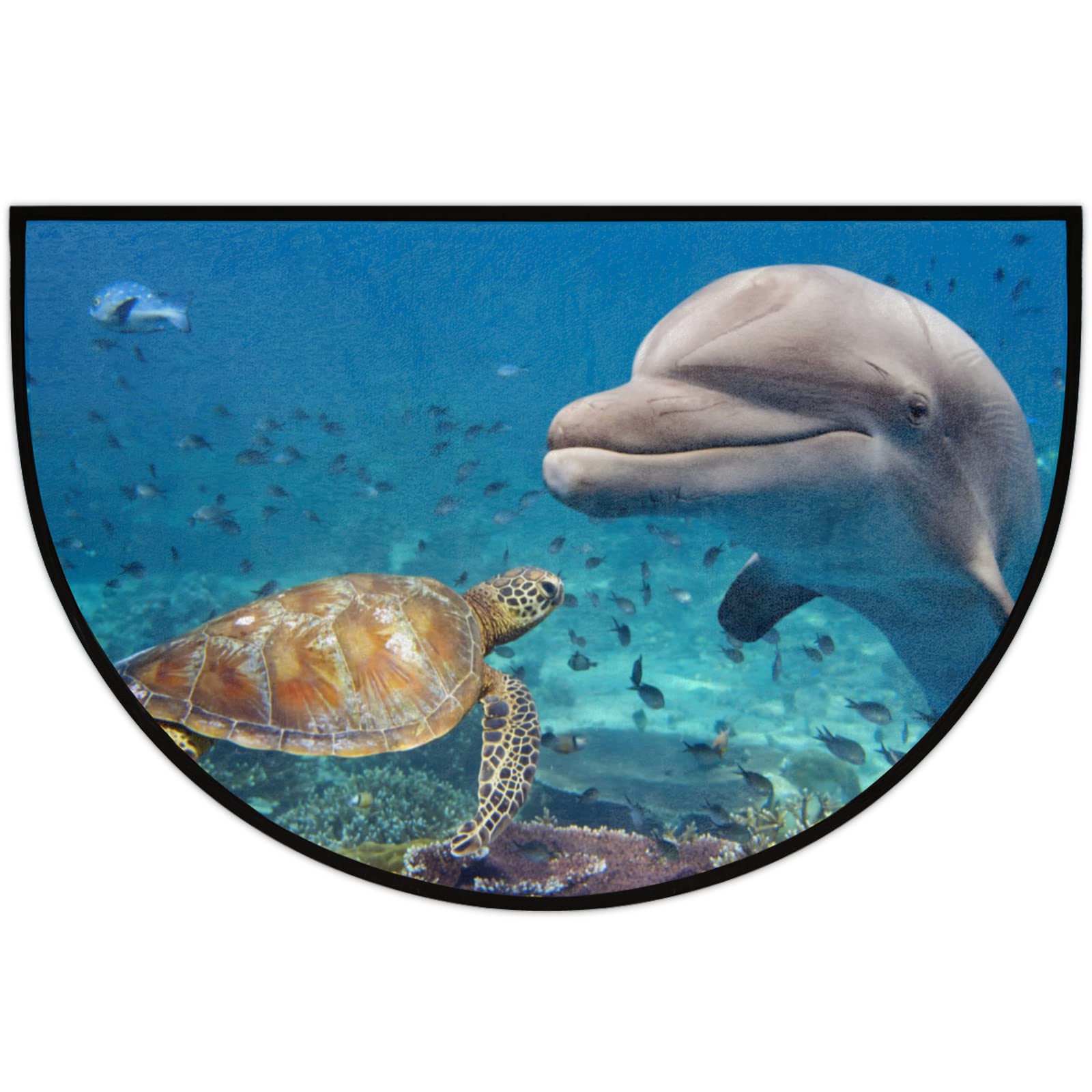 Non-Slip Half Round Door Mat with Ocean Animal Design - Turtle & Dolphin Print Indoor/Outdoor Welcome Rug (36x24 Inch) for Entryway, Porch, and Home Decor