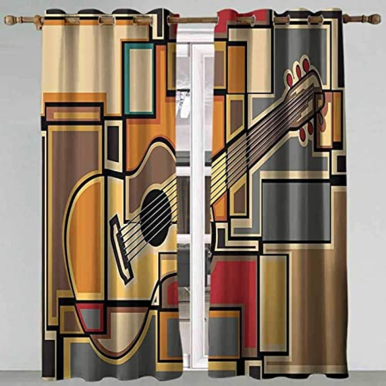 Blackout Thermal Insulated Window Curtains with Music Guitar & Geometric Square Design - Grommet Darkening Drapes for Kids Bedroom & Living Room (52