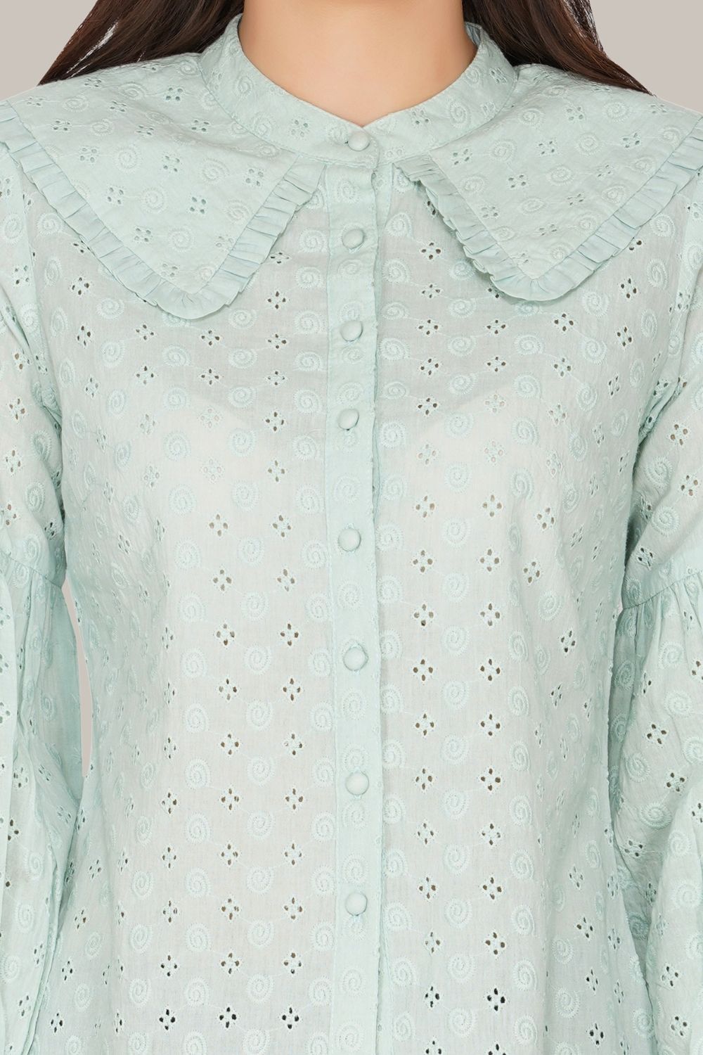 Pastel Green Jerri Cotton Embroidered Shirt for Women - Casual Boho Blouse for Spring & Summer Outfits, Beach Vacations, and Date Nights