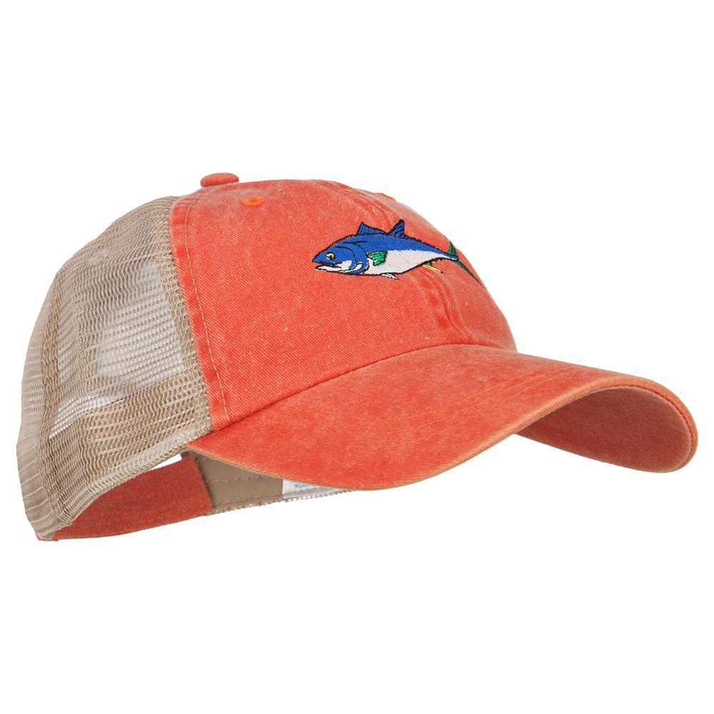 Bluefin Tuna Embroidered Washed Trucker Hat - Vintage Distressed Baseball Cap for Fishing, Outdoor & Casual Wear | e4Hats.com