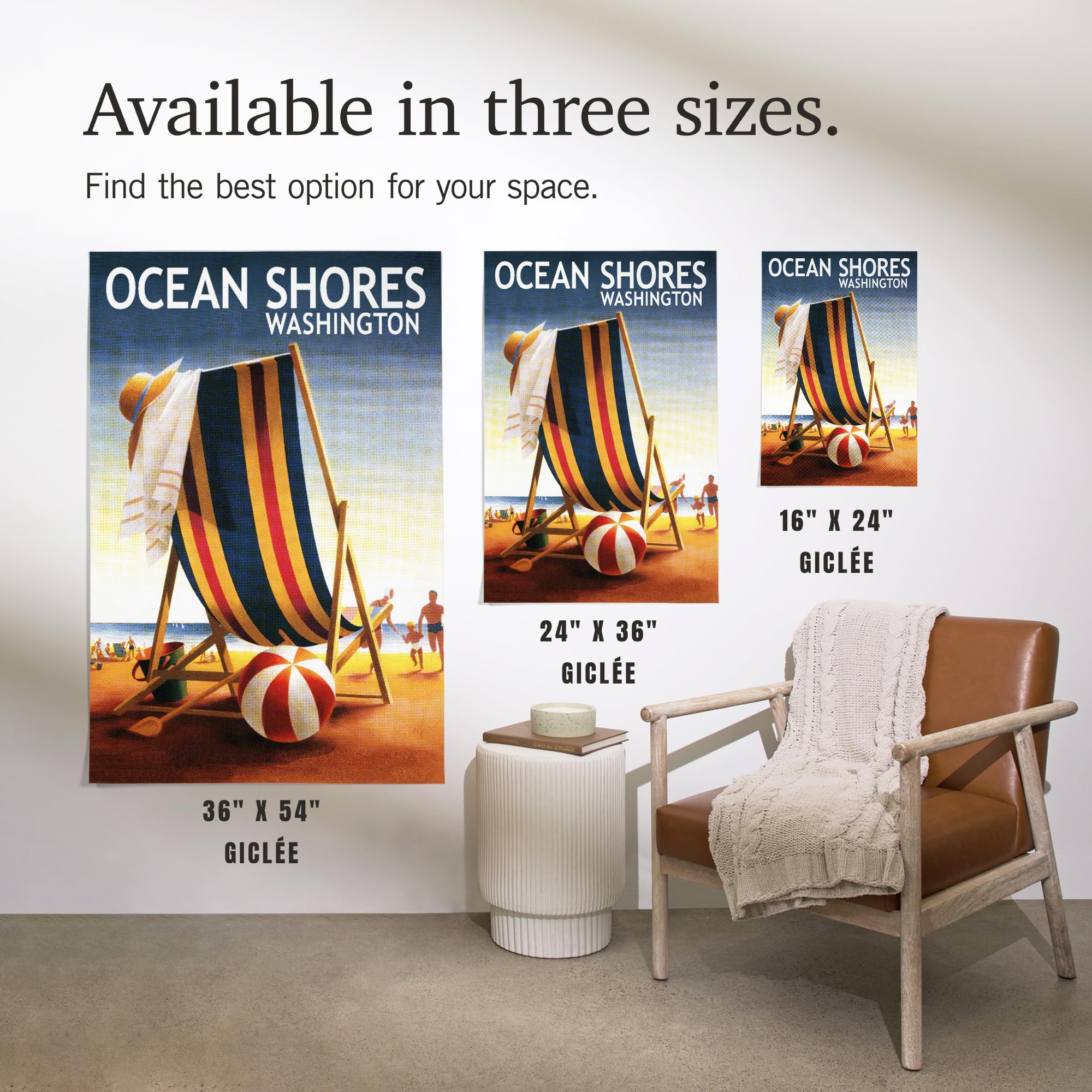 Lantern Press 16x24 Inch Giclee Print - Ocean Shores Washington Beach Scene with Chair & Ball | Coastal Wall Art for Living Room, Bedroom or Office Decor