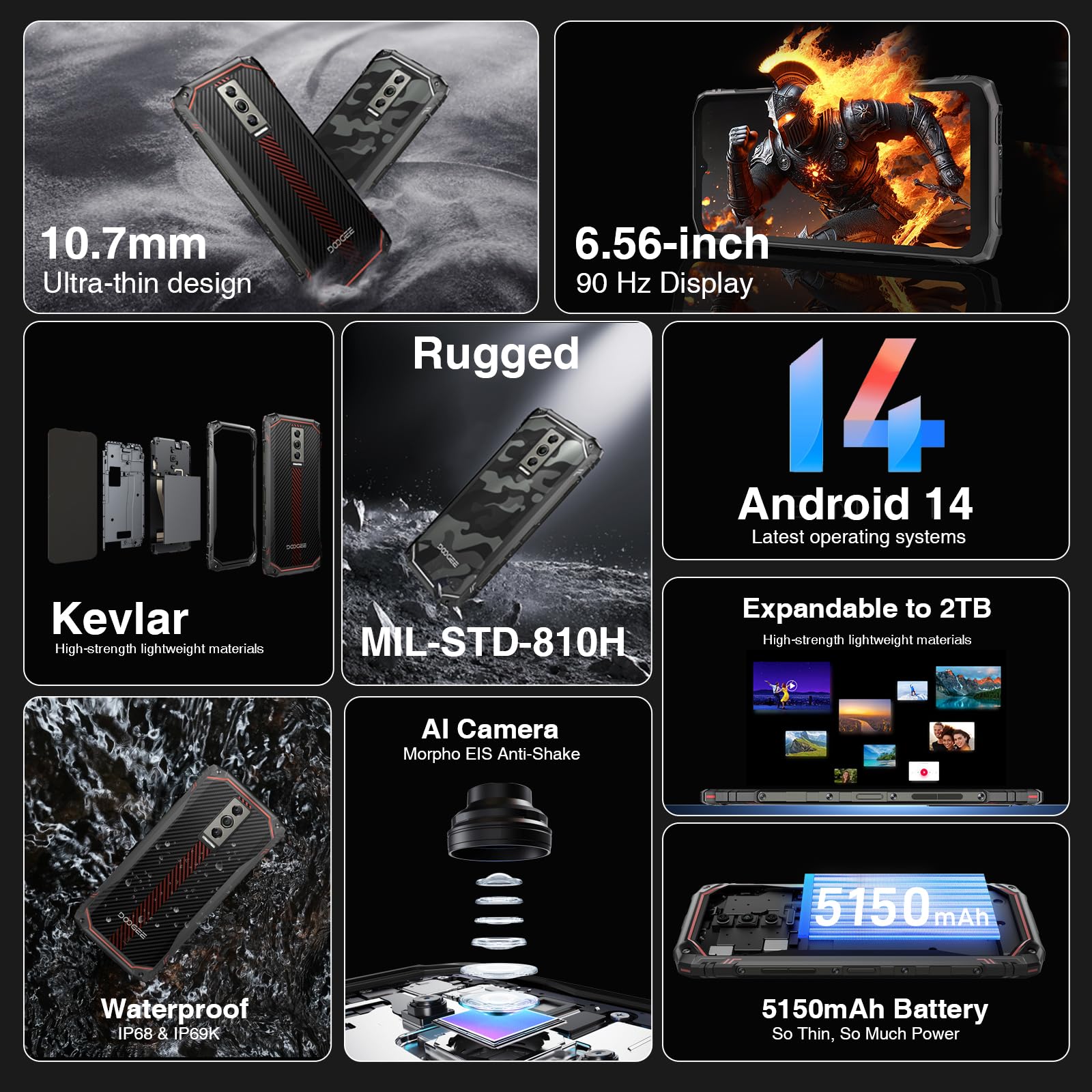 DOOGEE Blade10 Rugged Smartphone - Android 14, 10.7mm Ultra-Thin Military-Grade Phone, 128GB ROM + 2TB Expandable Storage, 6.56