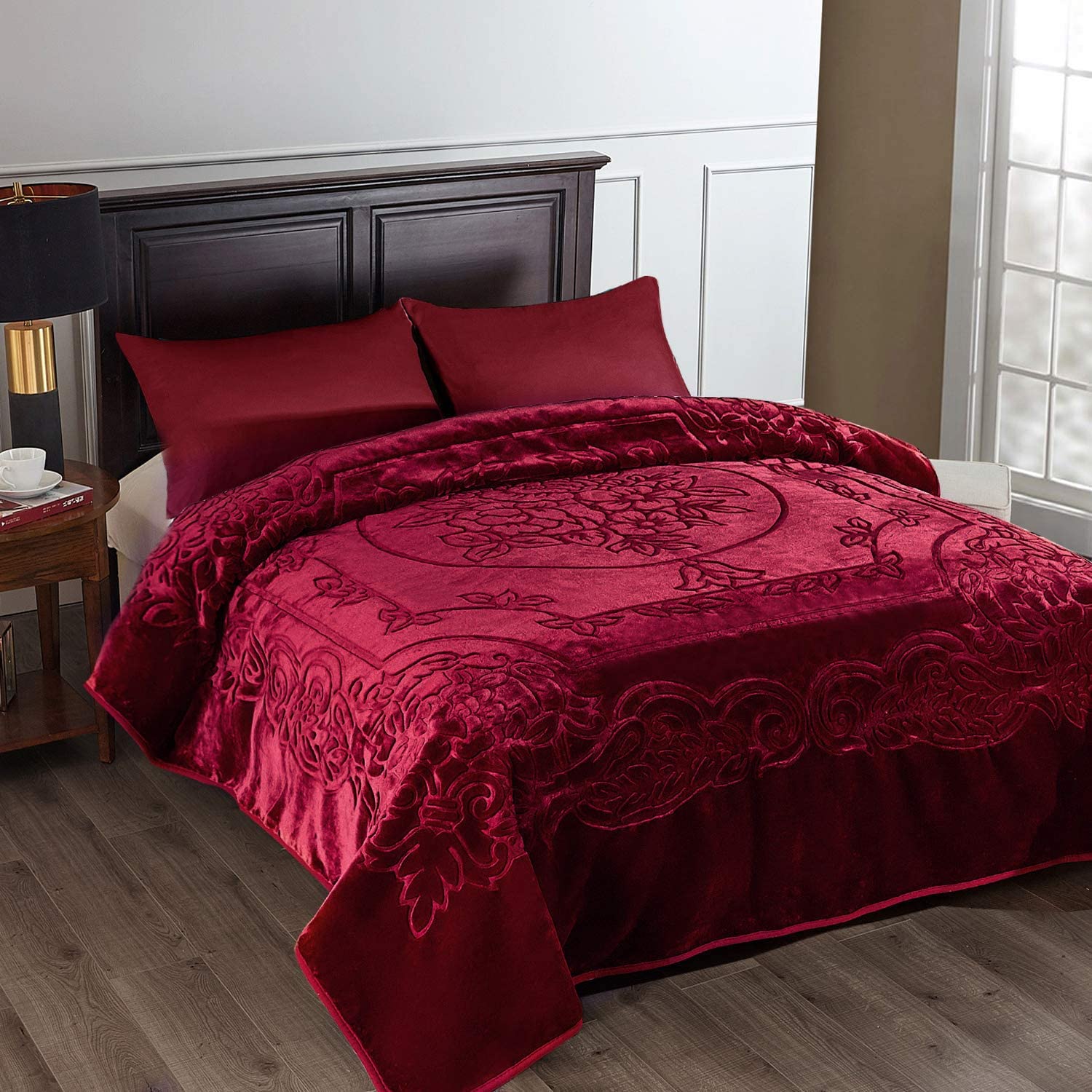 JML Fleece Blanket King Size 85x95 Inches - 4 Pack Heavyweight Korean Mink Blanket Set (9 lbs) | Ultra Soft & Warm Single Ply Raschel Blankets for Winter | Burgundy Solid Color Family Blankets for Bed, Couch, Sofa & Gift Giving