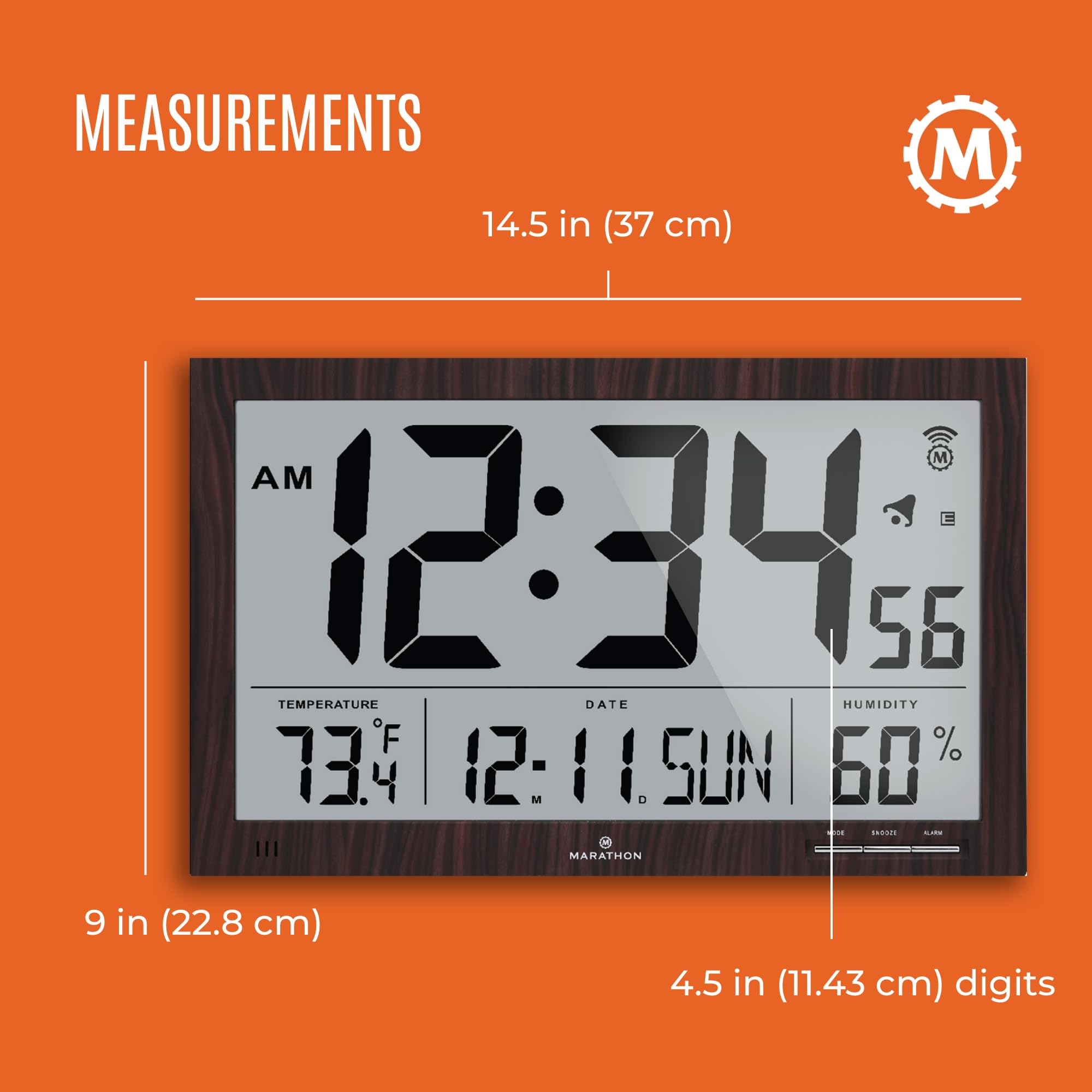 MARATHON Slim Jumbo Atomic Wall Clock - 15 Inch Large Display with Alarm, AM/PM & 24-Hour Time, 8 Time Zones, Indoor Temperature & Humidity Monitor - Walnut Finish (Includes 4 AA Batteries) - Perfect for Living Room, Office, Classroom & Home Decor