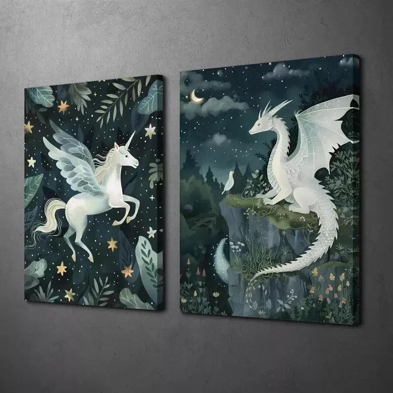 2-Piece Fantasy Canvas Wall Art Set - Unicorn, Dragon & Magic Forest Prints (50x75cm) | High-Quality Australian-Made Framed Canvas | Ready to Hang | Perfect for Kids' Room, Nursery & Fantasy Themed Decor