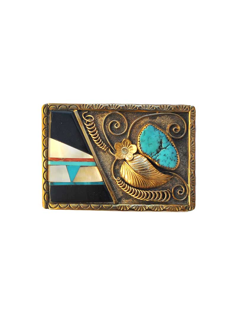Johnson & Held EKINGFLORAL Sterling Silver Belt Buckle with Gold Leaf & Turquoise Stone - Western Style Accessory for Jeans, Cowboy Boots & Country Fashion