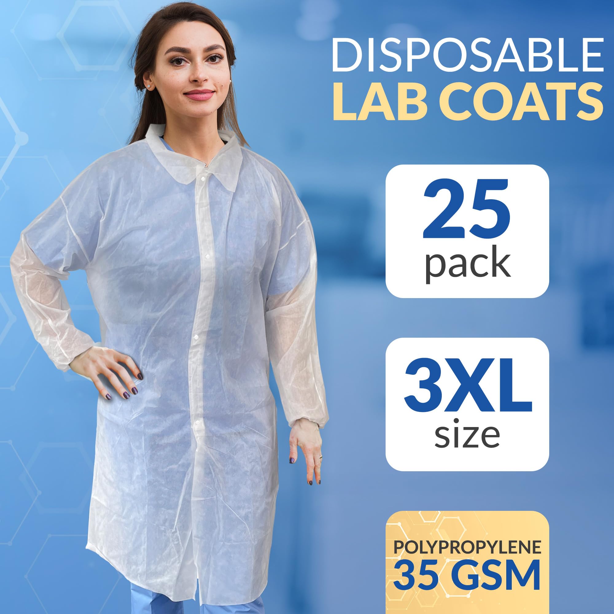 Disposable Lab Coats for Adults - 3X-Large, Pack of 25 White Polypropylene Medical Coats (30 GSM) with Elastic Cuffs & 4 Snaps - Ideal for Healthcare Workers, Laboratories, Cleanrooms & Food Service Industry