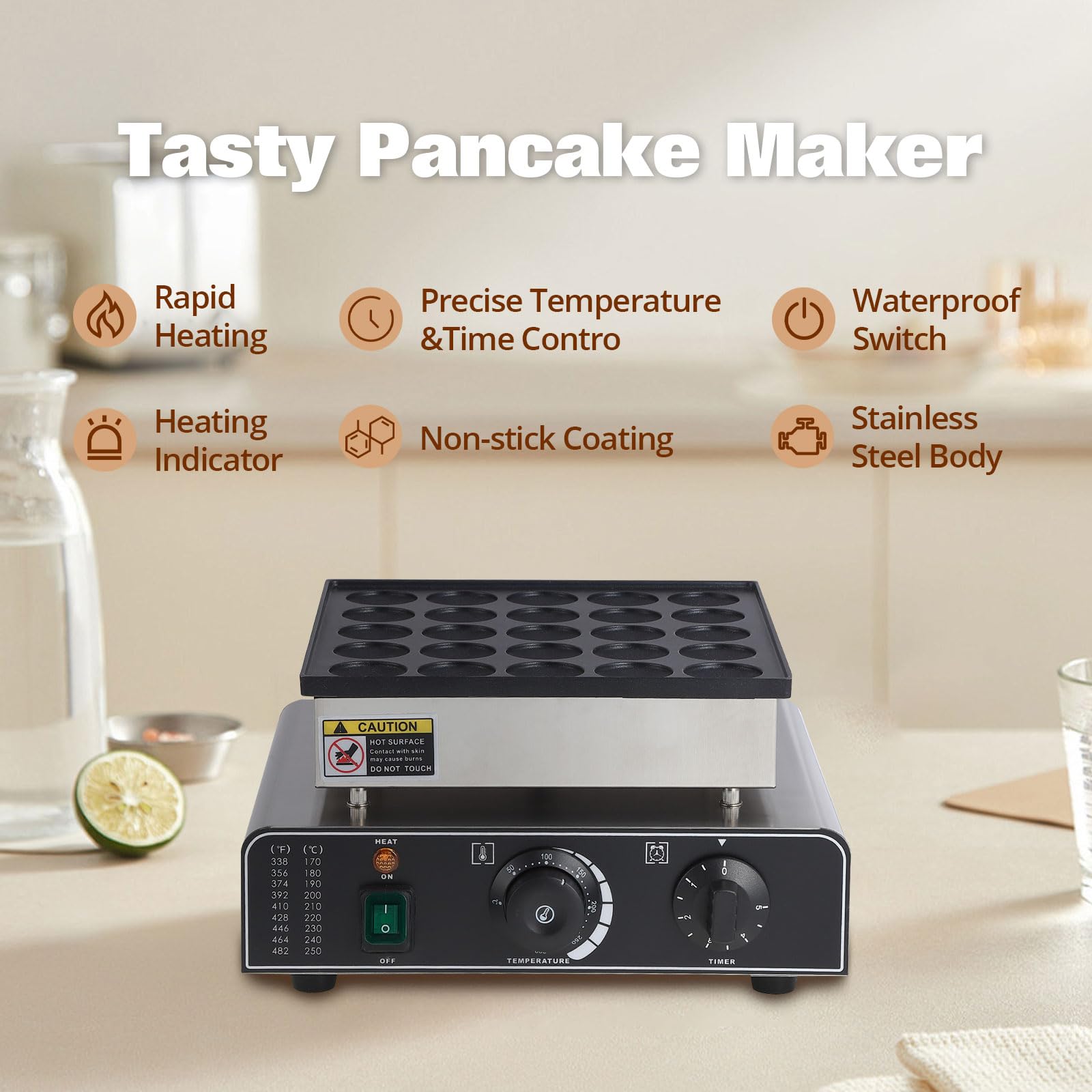 25 Hole & 25 Heart Waffle Maker - Commercial Electric Nonstick Mini Muffin Maker with 50-300°C Temperature Control - 1.8