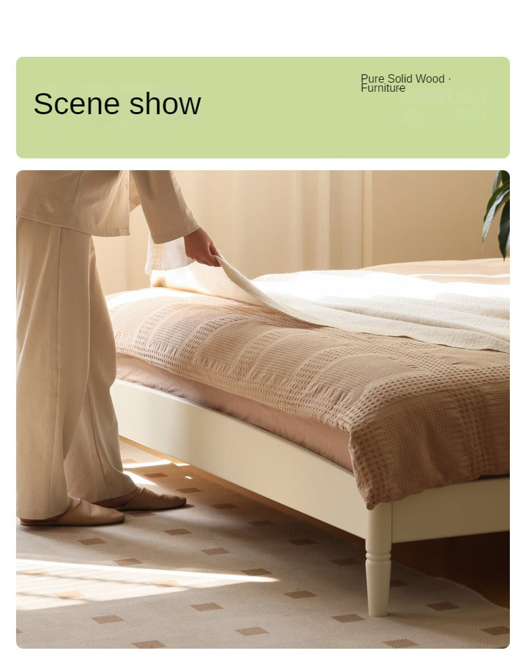 French Cream Style Poplar Solid Wood Bed - Elegant & Durable Bedroom Furniture for Master Bedroom, Guest Room, or Kids Room
