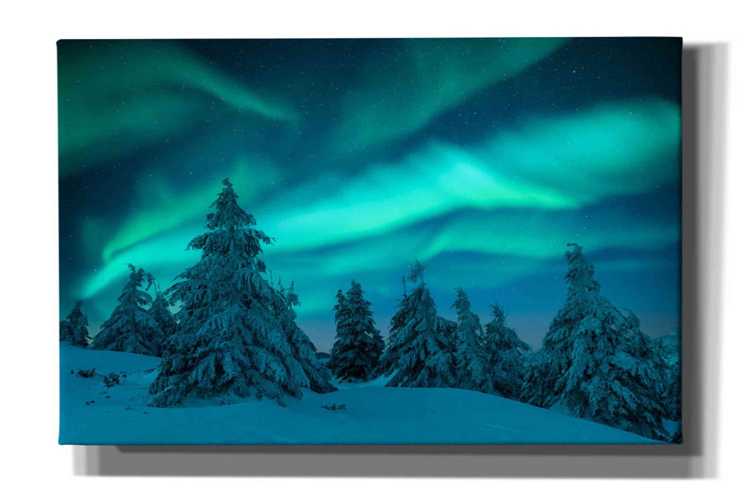 Epic Graffiti 'Northern Lights in Winter Forest 2' Giclee Canvas Wall Art - 40x26 Inches - Stunning Aurora Borealis Landscape Painting for Living Room, Bedroom & Office Decor
