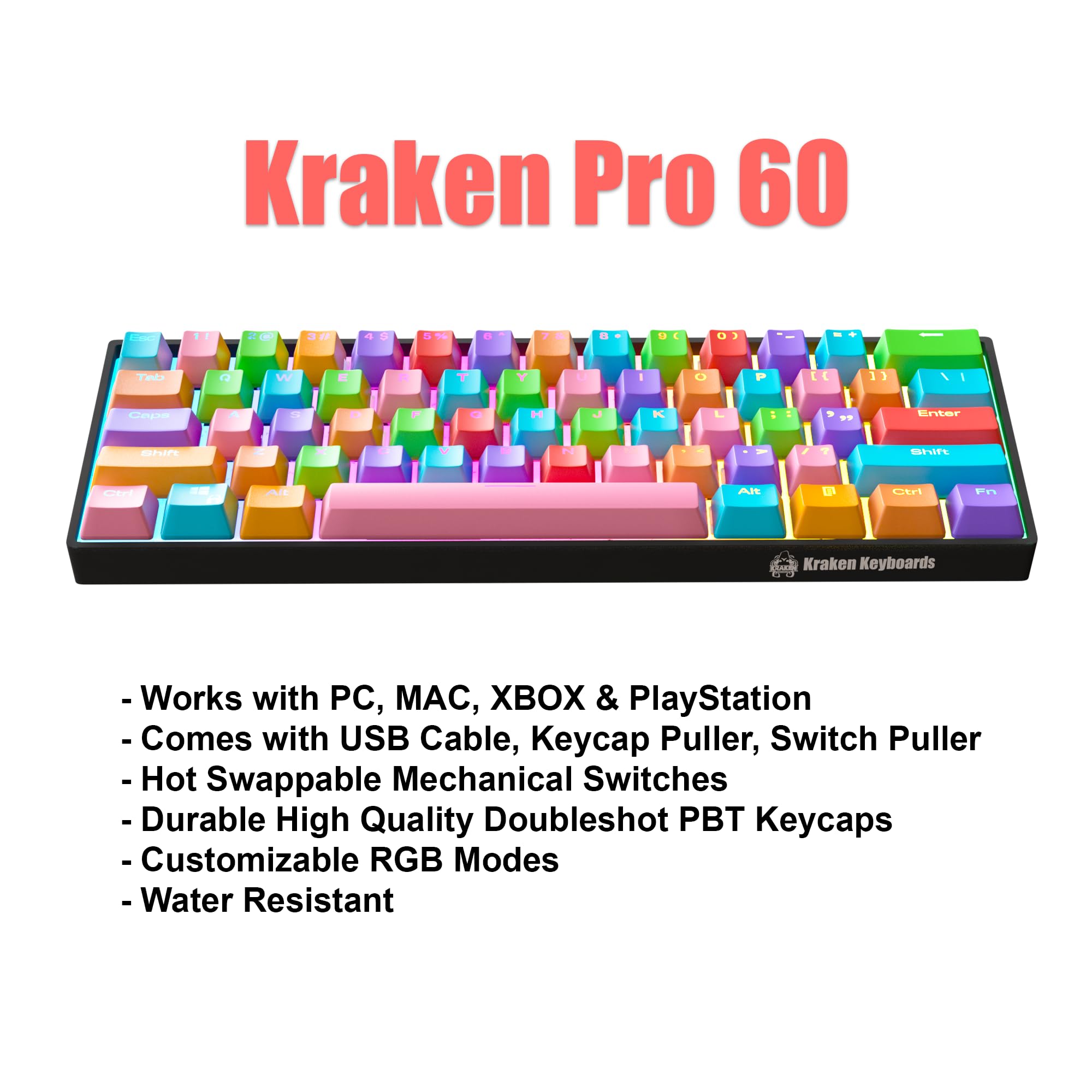 KRAKEN KEYBOARDS Rainbow Edition Kraken Pro 60% Hot-Swappable Mechanical Gaming Keyboard - RGB Backlit, Silver Switches - Compatible with PC, Mac, Xbox & PlayStation - Perfect for Esports, Streaming & Office Work