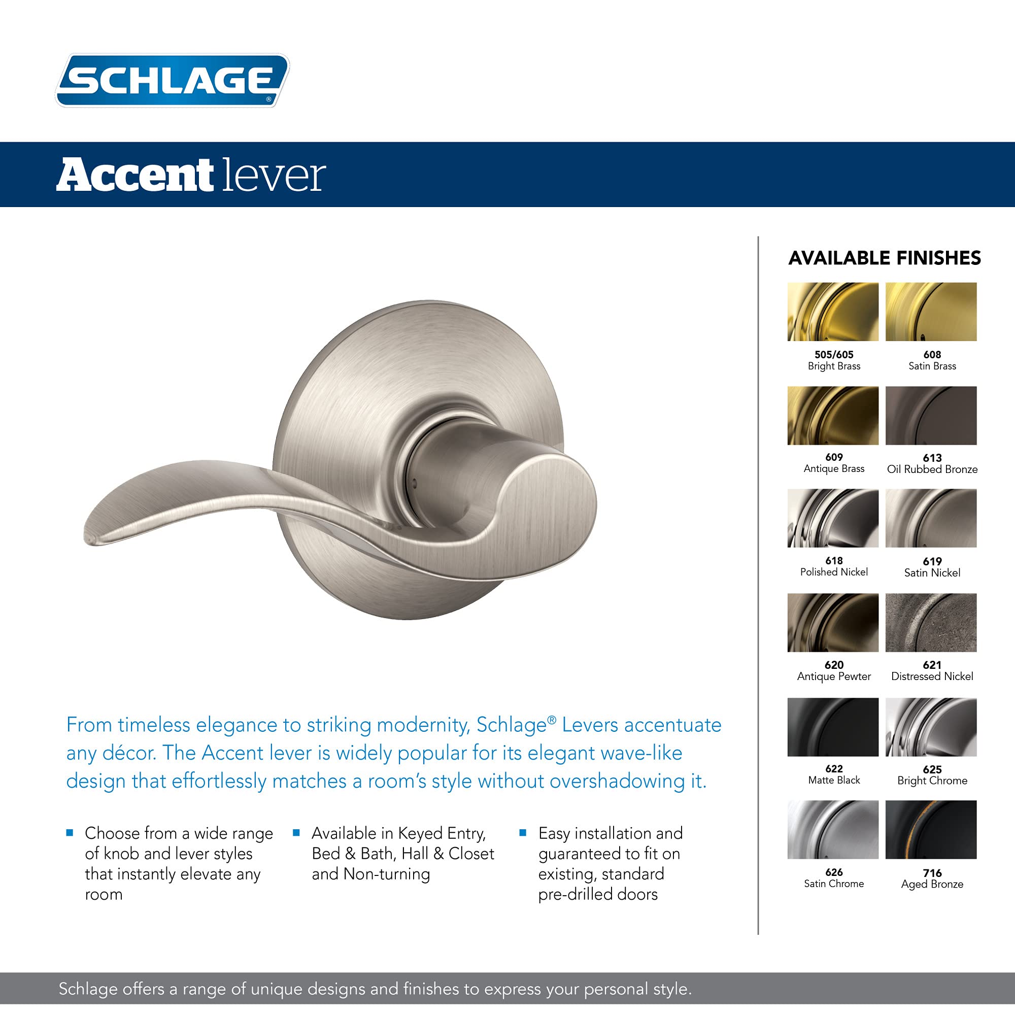 Schlage F51A ACC 619 Keyed Entry Door Lever Lock - Satin Nickel Finish | Secure & Stylish for Homes, Offices & Apartments