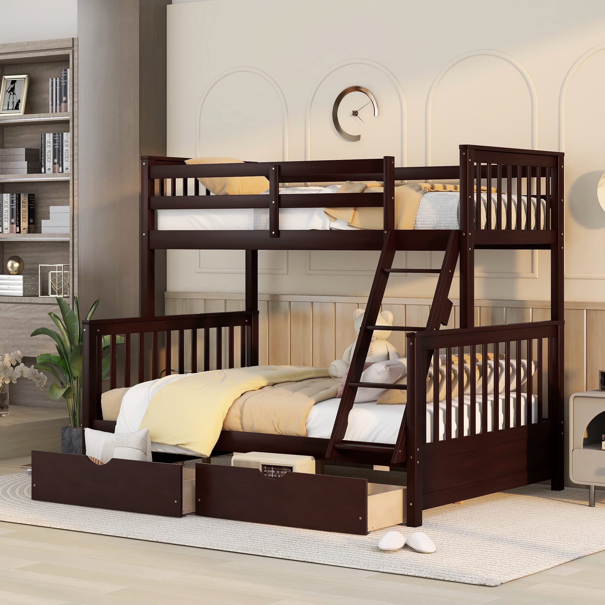 Harper & Bright Designs Twin Over Full Bunk Bed with Storage Drawers - Solid Pine Wood Frame, Safety Guard Rails & Ladder - Space Saving Kids Bunk Bed for Boys & Girls - No Box Spring Needed - Espresso Finish - Ideal for Small Bedrooms, Shared Kids Rooms & Vacation Homes