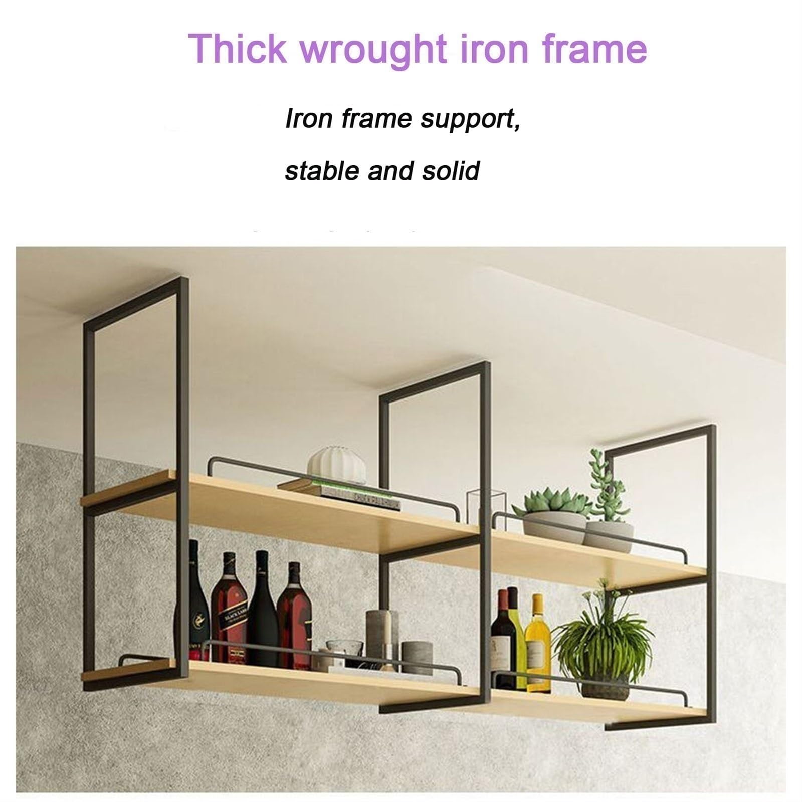 Solid Wood Hanging Storage Shelf - 2-Tier Wall Mounted Ceiling Shelf with Iron Frame, Rustic Wooden Overhead Storage Rack (Gold) - Perfect for Kitchen Pantry, Garage Organization & Bedroom Decor