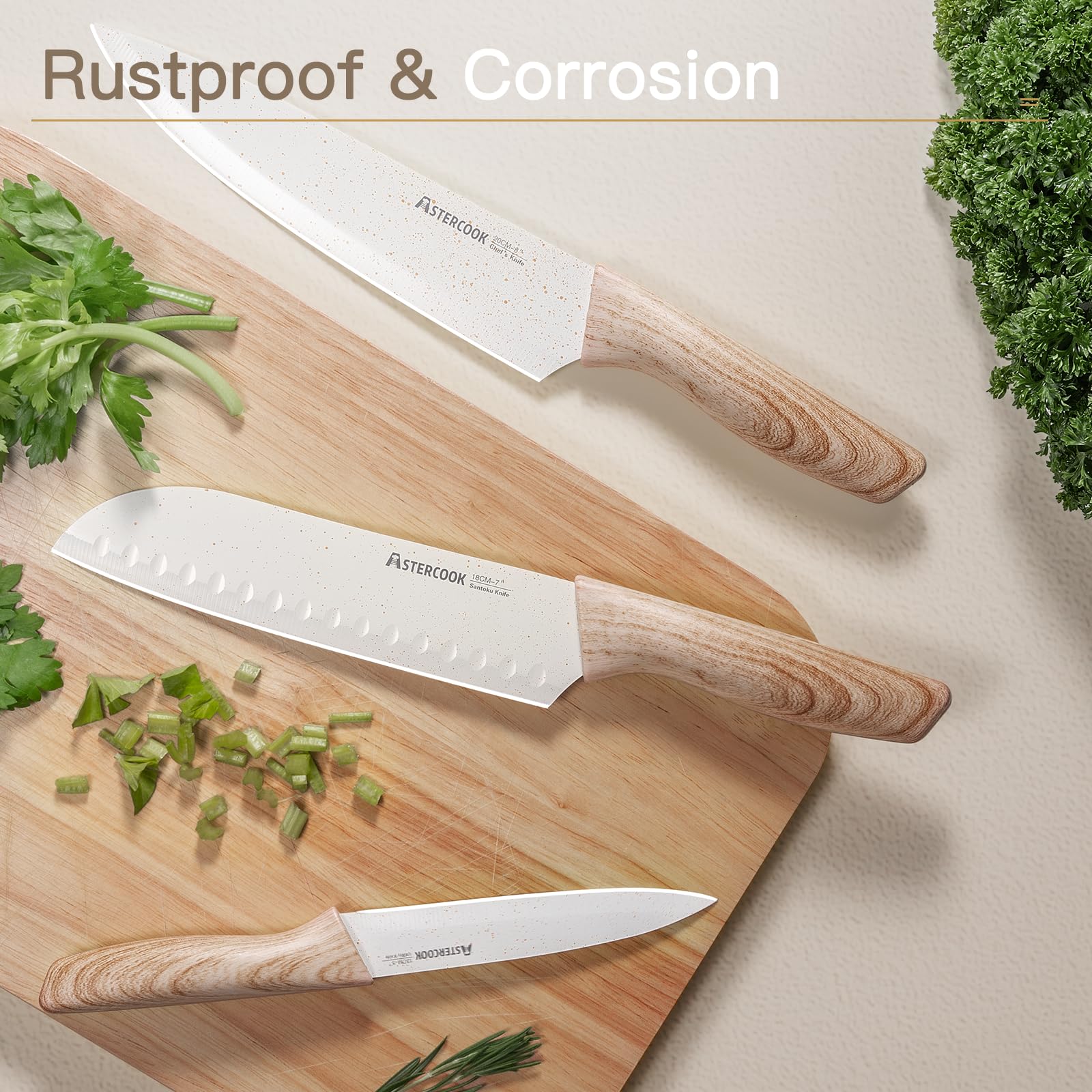 Astercook 13-Piece Ceramic Coated Stainless Steel Kitchen Knife Set with 6 Blade Guards - Wooden Handle, Dishwasher Safe - Perfect for Home Chefs, Cooking Enthusiasts & Professional Kitchens