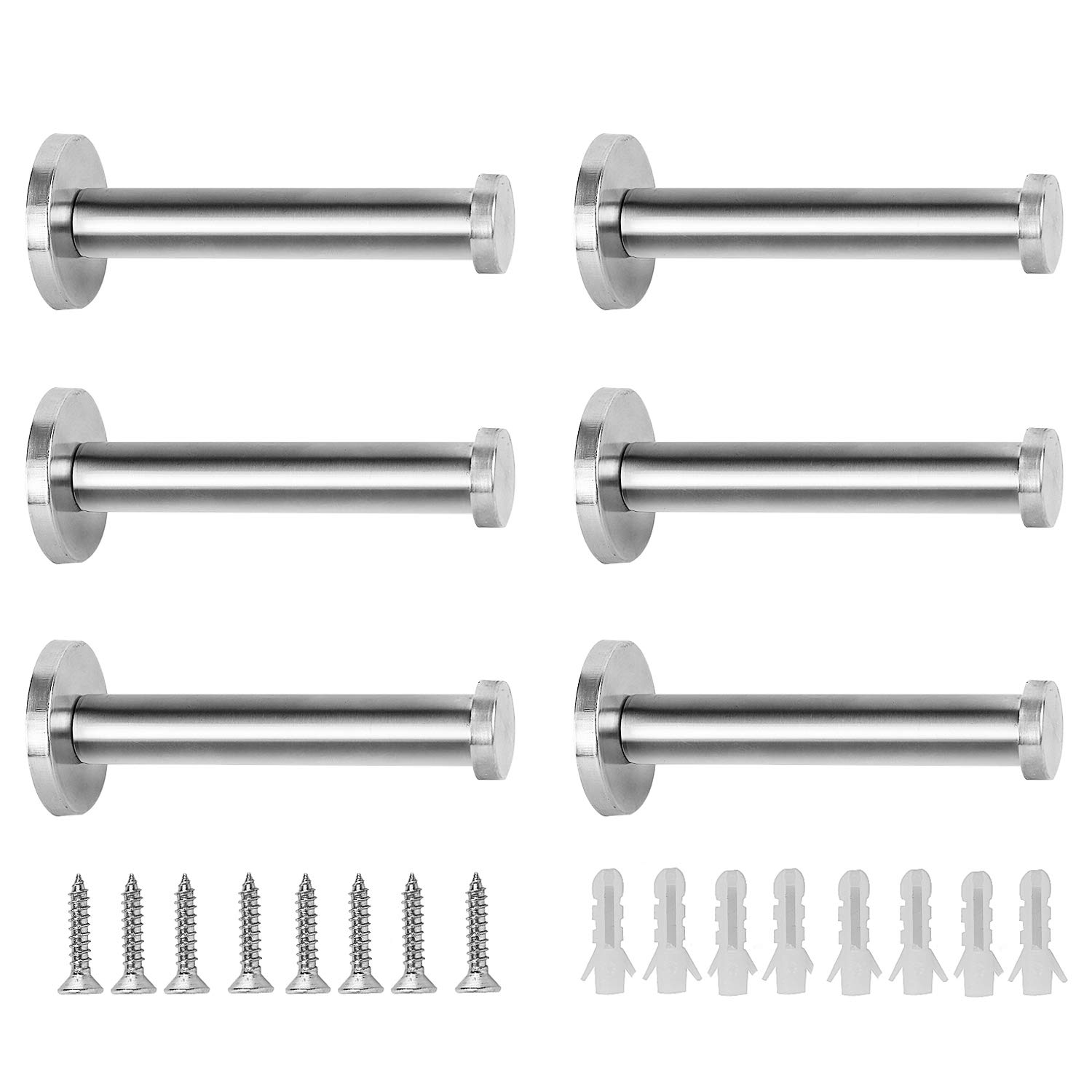 KINJOEK 6-Pack 4 Inch Brushed Stainless Steel Wall Mount Robe Hooks - Heavy Duty Coat & Towel Hangers for Bathroom, Bedroom, Kitchen - Silver | Perfect for Organizing Coats, Hats & Towels in Home & Office