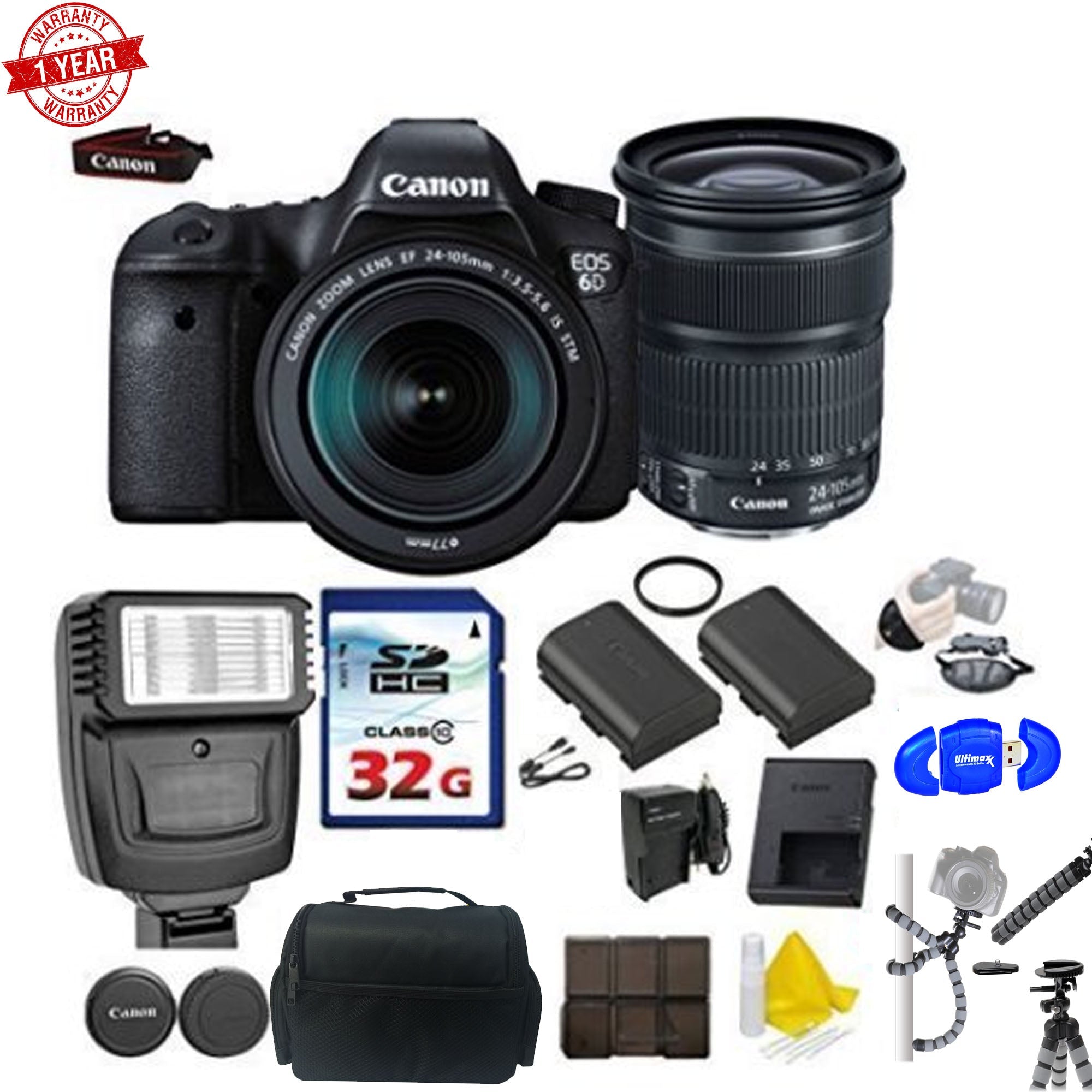 Canon EOS 6D 20.2MP Full Frame DSLR Camera with EF 24-105mm f/3.5-5.6 IS STM Lens Kit - Includes 32GB Memory Card, UV Filter & Flexible Spider Tripod - Perfect for Portrait, Landscape & Travel Photography