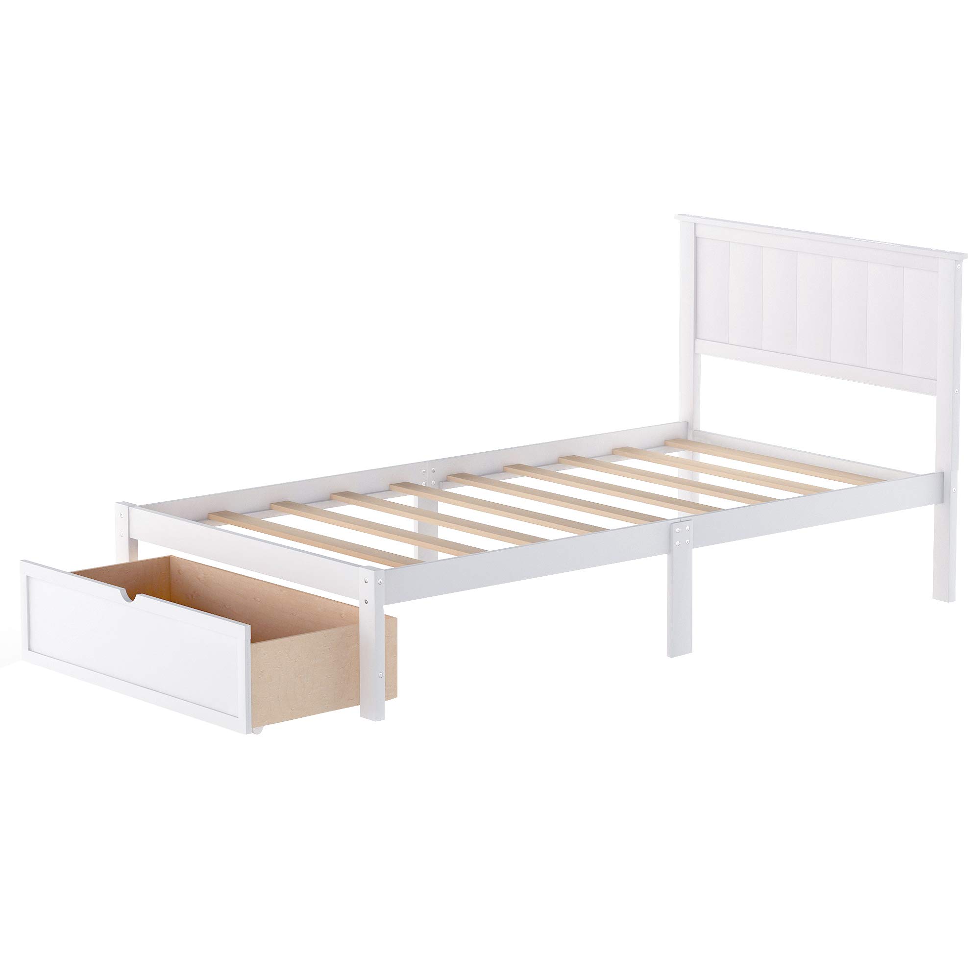 Twin Size Wood Platform Bed Frame with Storage Drawers & Headboard - No Box Spring Needed - Easy Assembly for Kids, Teens & Adults - Perfect for Small Bedrooms, Dorms & Guest Rooms (White)