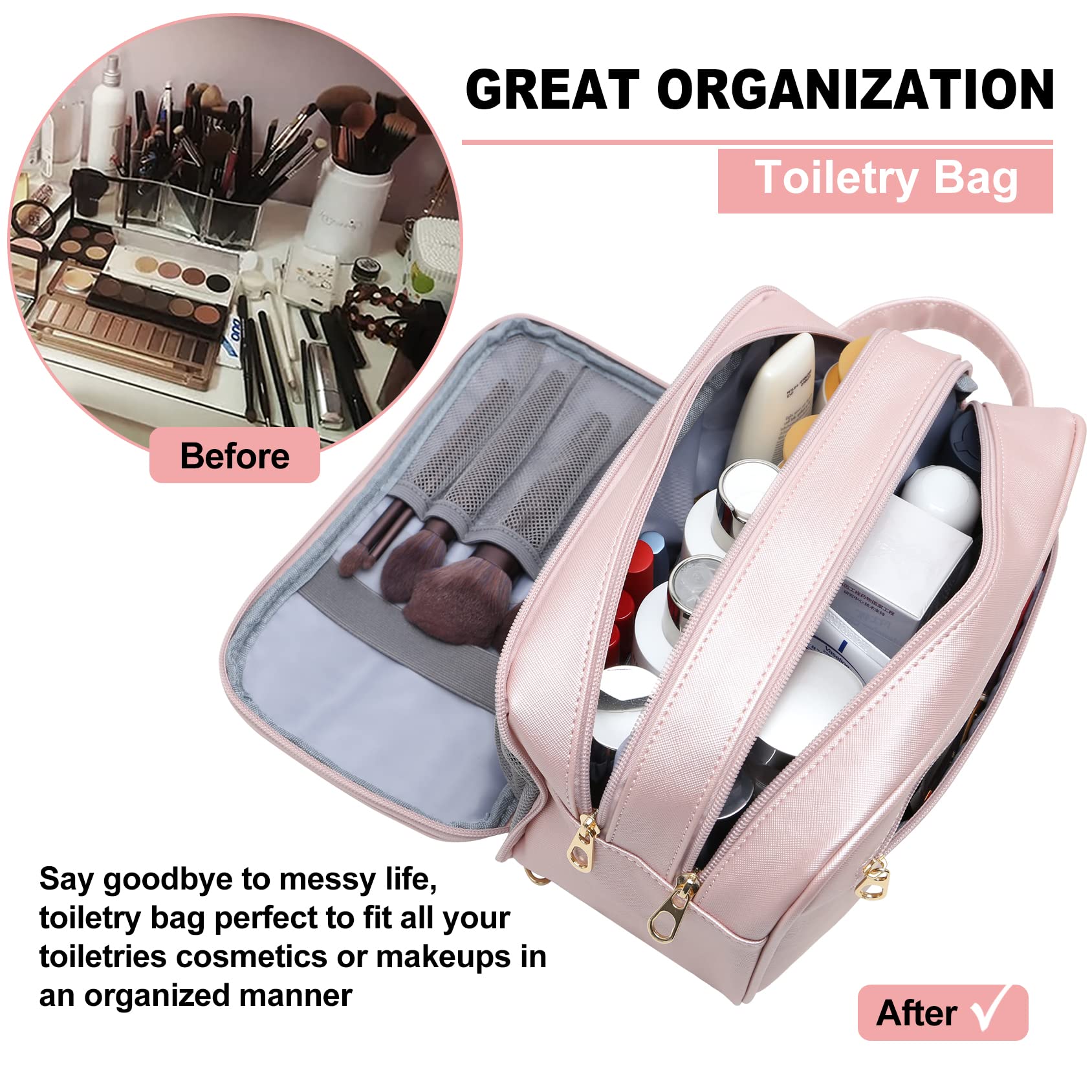Waterproof Makeup Bag for Women - Travel Toiletry Organizer with Multiple Pockets, Dorm Room Essentials for Girls, Perfect for Cosmetics & Skincare Storage - Ideal for Travel, Gym, Mother's Day & Graduation Gifts