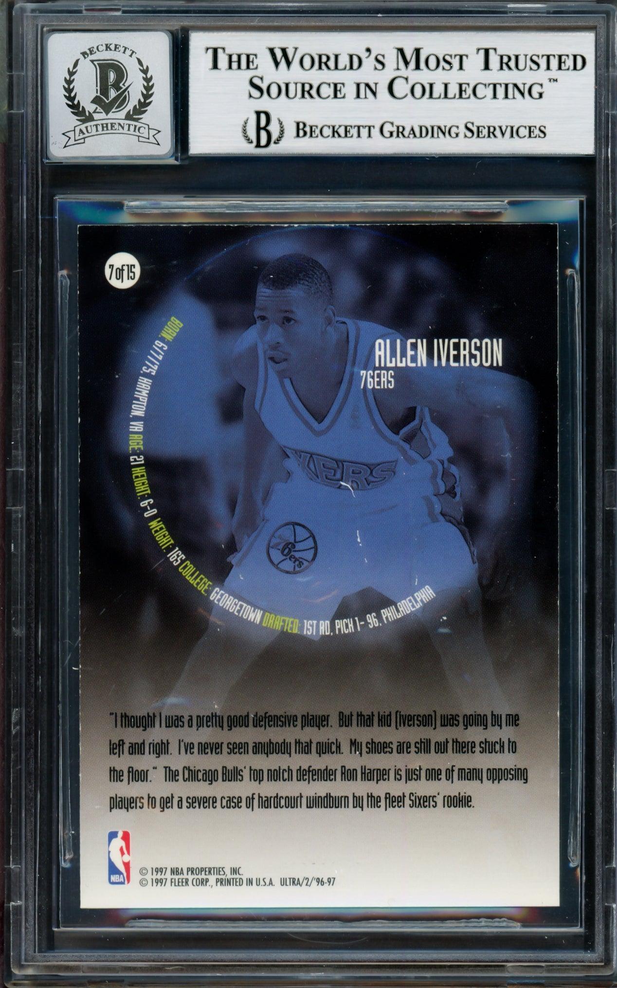 Allen Iverson Autographed 1996-97 Fleer Ultra All Rookie Card #7 Philadelphia 76ers - Beckett Graded Gem Mint 10 BAS #14128582 - Perfect for NBA Memorabilia Collectors & 76ers Fans Display