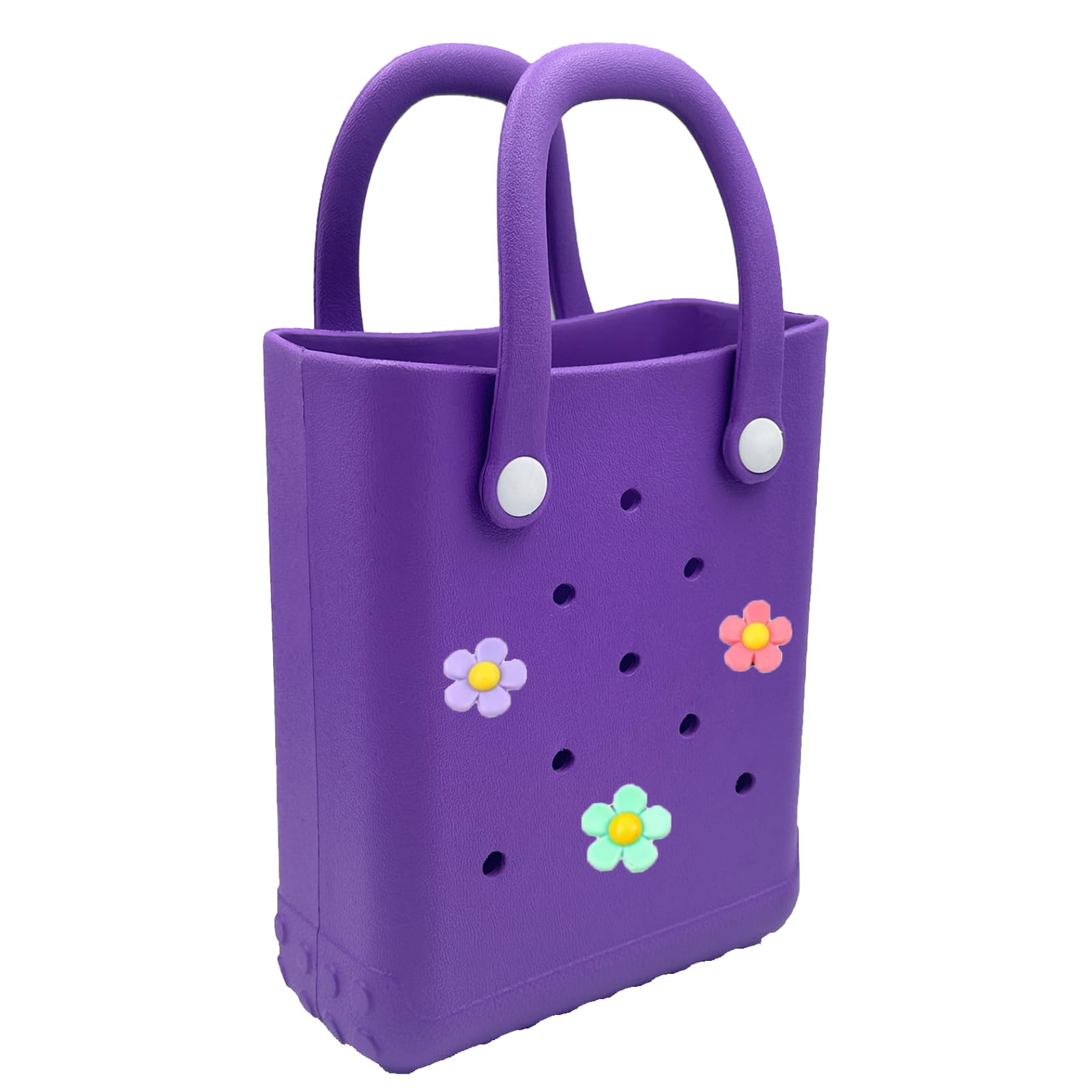 Mini Rubber Tote Bag 6.5x8.0x3.1 Inches - Small Waterproof Beach Bag with Cute Charms for Women & Girls (Purple) | Perfect for Pool, Beach, Gym & Shopping