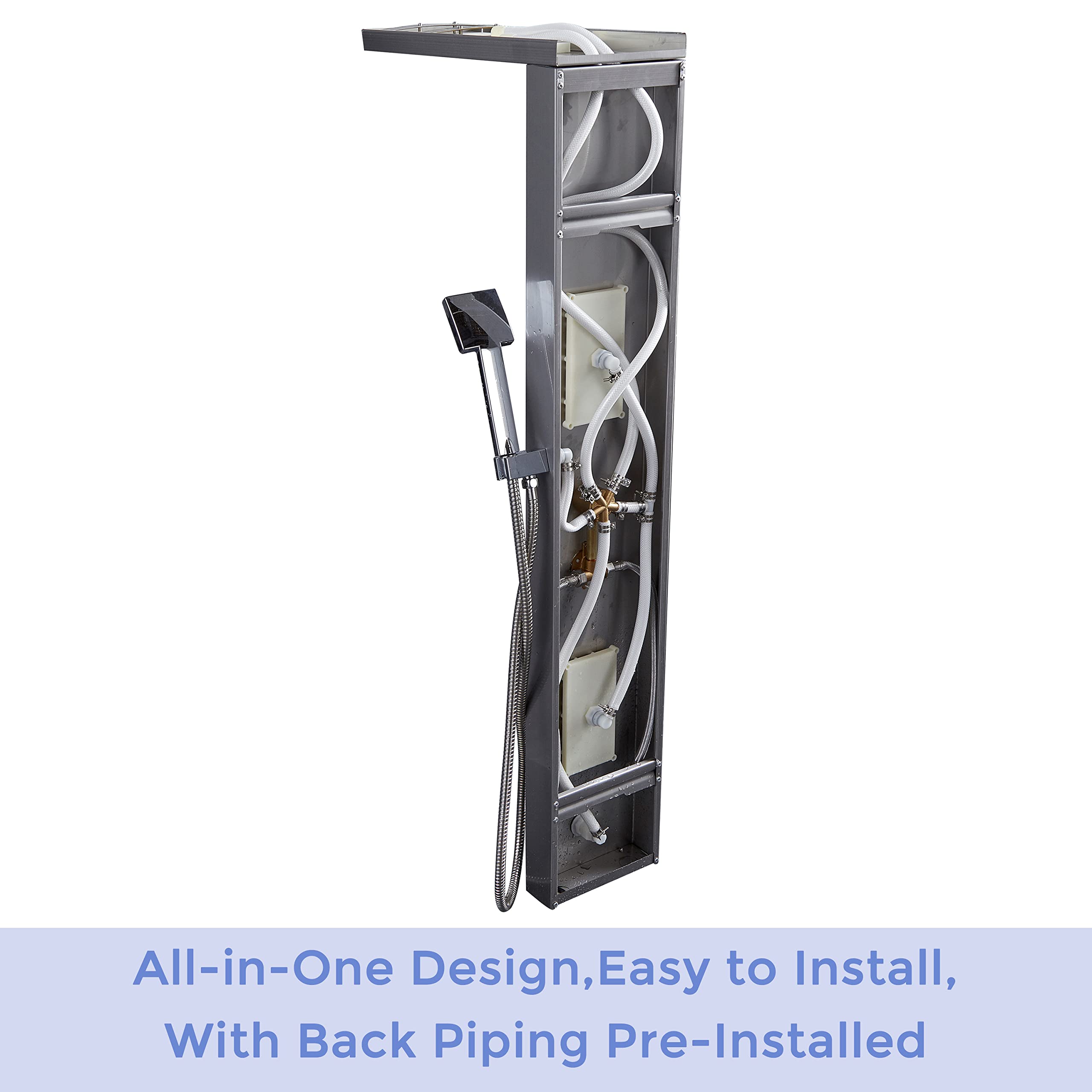 Delavin Stainless Steel Shower Panel Tower System - Wall Mounted Rainfall Shower Head with Massage Body Jets, Tub Spout & Handheld Shower | Brushed Nickel Finish | Perfect for Bathroom Remodeling & Spa-Like Shower Experience
