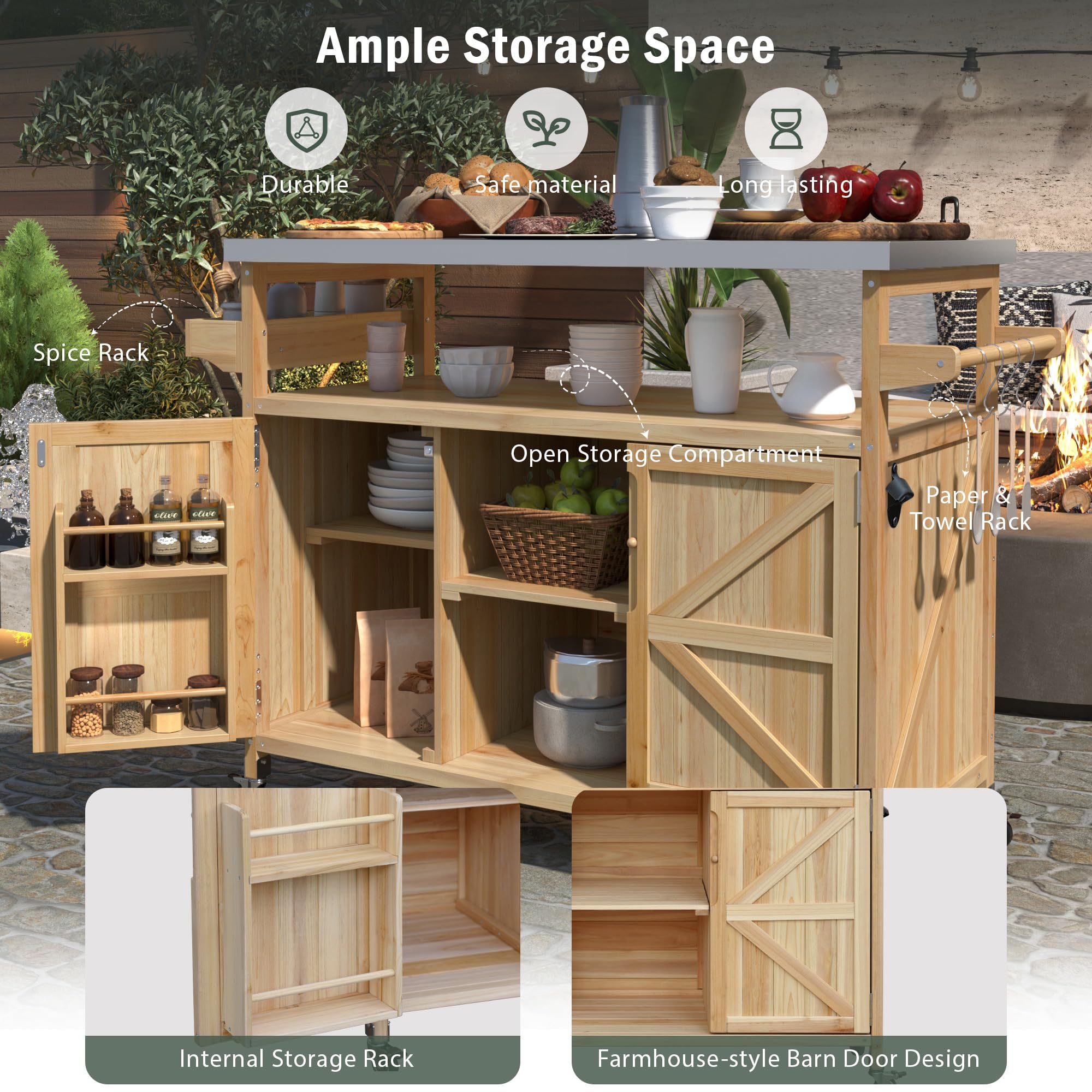 Premium Outdoor Kitchen Island with Wheels - Farmhouse Style Solid Wood BBQ Grill Cart with Stainless Steel Top, Storage Cabinet, Spice Rack & Towel Hooks - Perfect for Backyard Cooking, Patio Entertaining & Outdoor Dining (Natural Wood Finish)