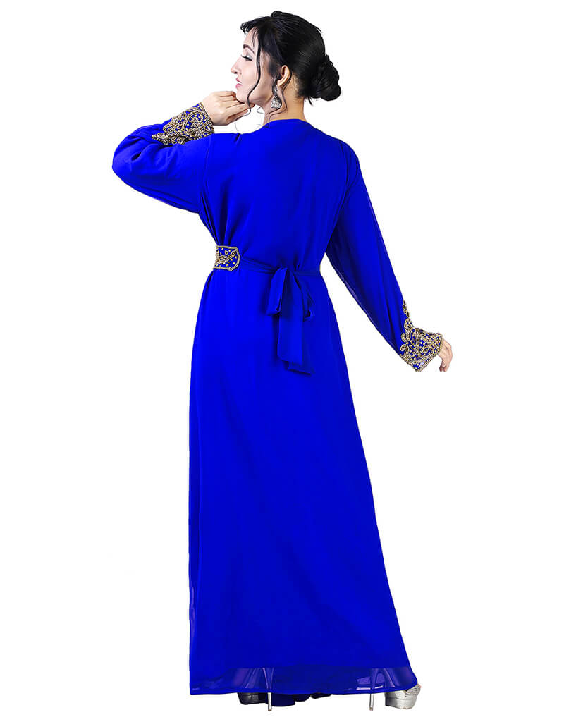 Elegant Arabic Royal Blue Georgette Kaftan with Pearl Embroidery - Perfect for Weddings, Parties & Special Occasions
