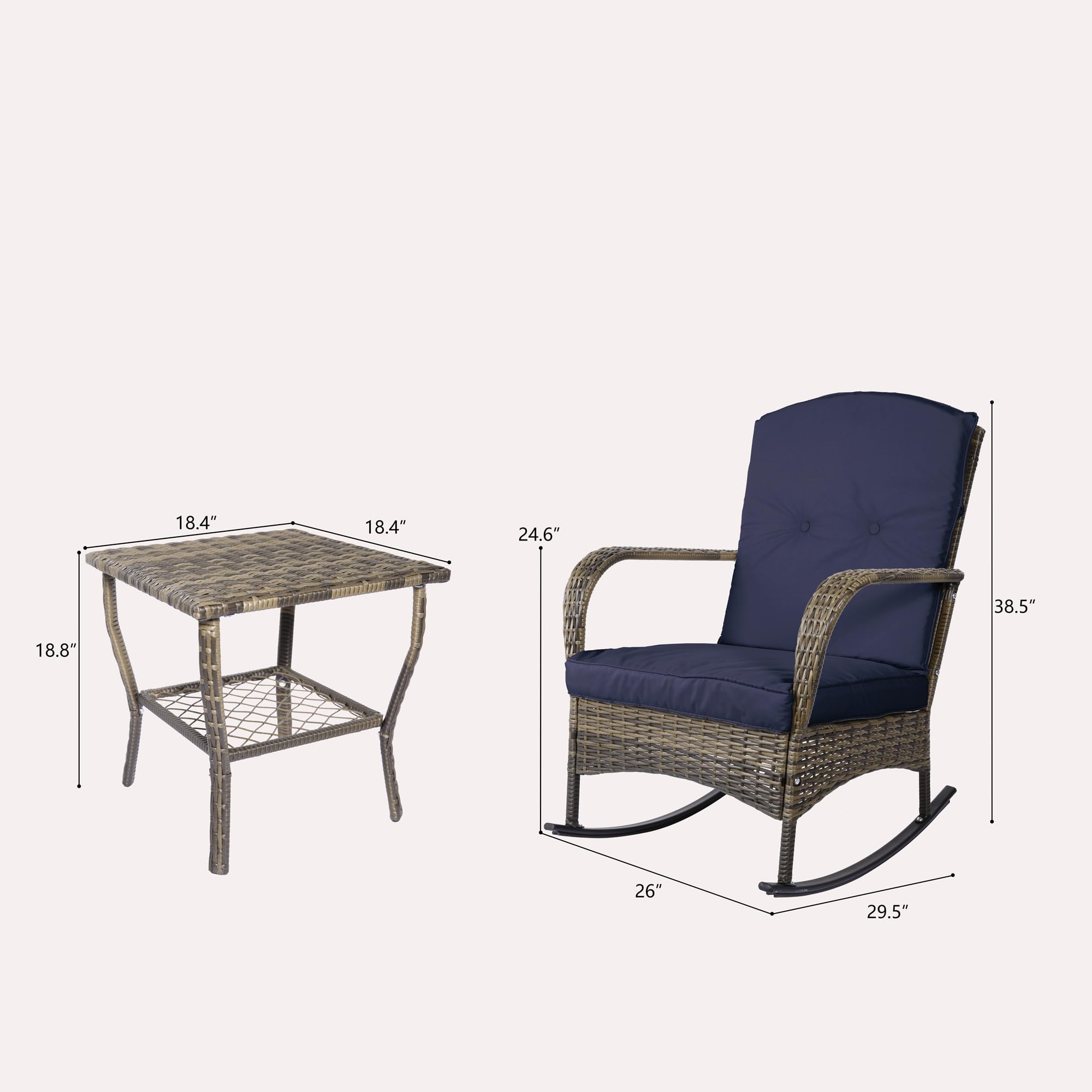 MAXPRIME 3-Piece Outdoor Wicker Rocking Chair Set with Cushions - Patio Furniture for Porch, Backyard, Garden & Bistro - Blue Rattan Rocking Chairs for Relaxing, Lounging & Outdoor Entertaining