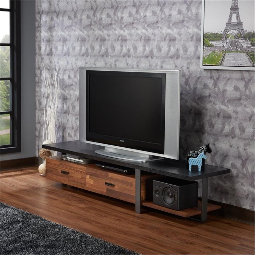 Acme Elling 2-Drawer Solid Wood TV Stand - Walnut & Black Finish - Entertainment Center for Living Room, Bedroom & Home Theater