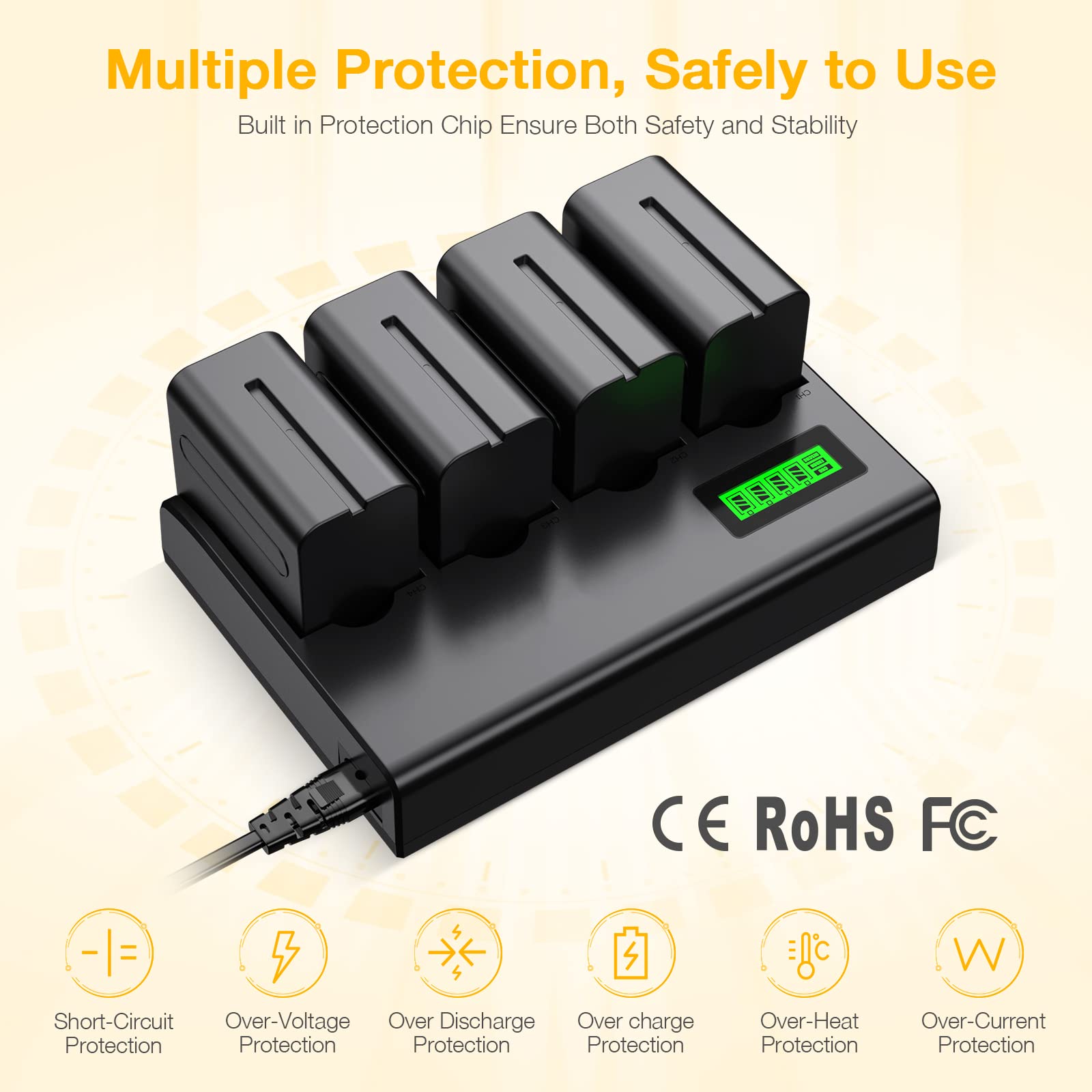 4 Pack NP-F970 Replacement Batteries & 4-Channel Charger for Sony Cameras - Compatible with NP-F970/950/960/550/330/570 & CCD-SC55, TR516/716/818/910/917 Handycams - Perfect for Travel Vlogging, Wedding Filming & Outdoor Photography