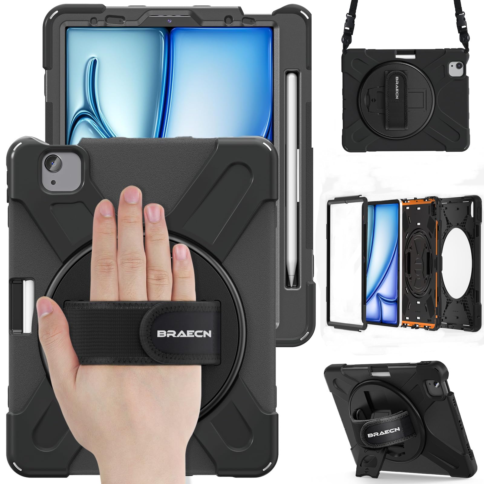 BRAECN Shockproof Silicone Case for iPad Air 11 Inch (M3 2025/M2 2024) & iPad Air 5th/4th Gen 10.9 Inch - 360° Rotating Hand Strap & Kickstand - Also Fits iPad Pro 11'' 4/3/2/1st Gen - Black | Perfect for Work, Travel & Home Use