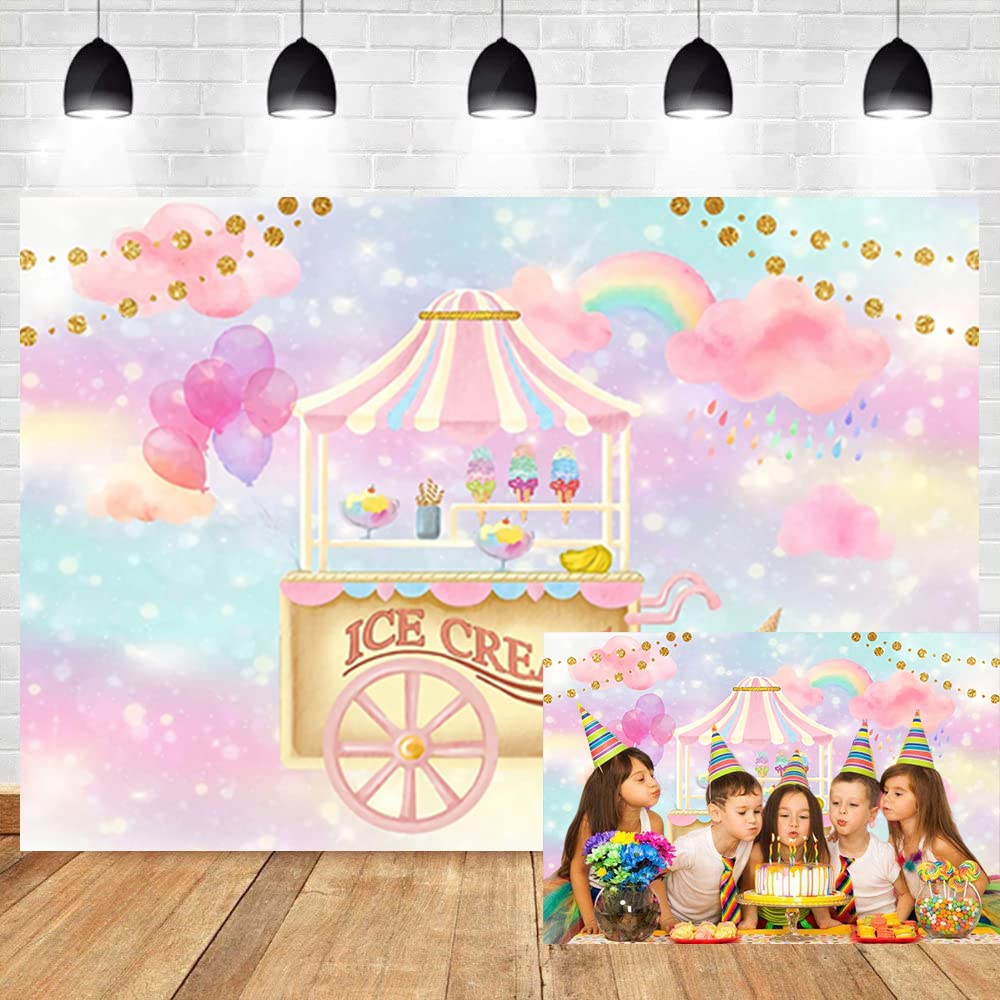 OERJU 10x6.5ft Dreamy Cartoon Ice Cream Party Backdrop - Purple Balloons & Rainbow Pink Clouds Photography Background for Girls Birthday Party, Cake Table Decor, Vinyl Video Props | Perfect for Children's Celebrations, Baby Showers & Photo Booths
