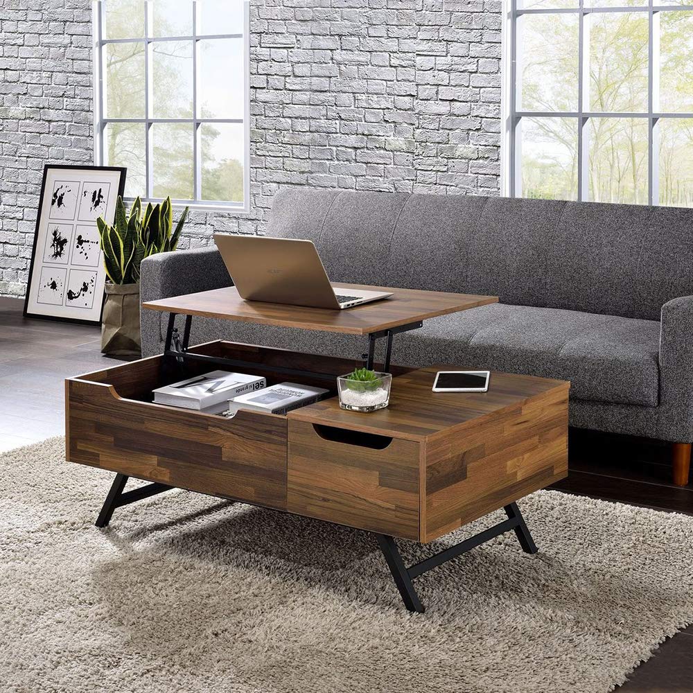 Modern Lift-Top Coffee Table with Storage Drawer - Solid Wood Lift Tabletop for Living Room, Home Office & Reception Areas - Walnut Finish with Black Metal Legs - Perfect for Small Spaces, Entertaining & Hidden Organization