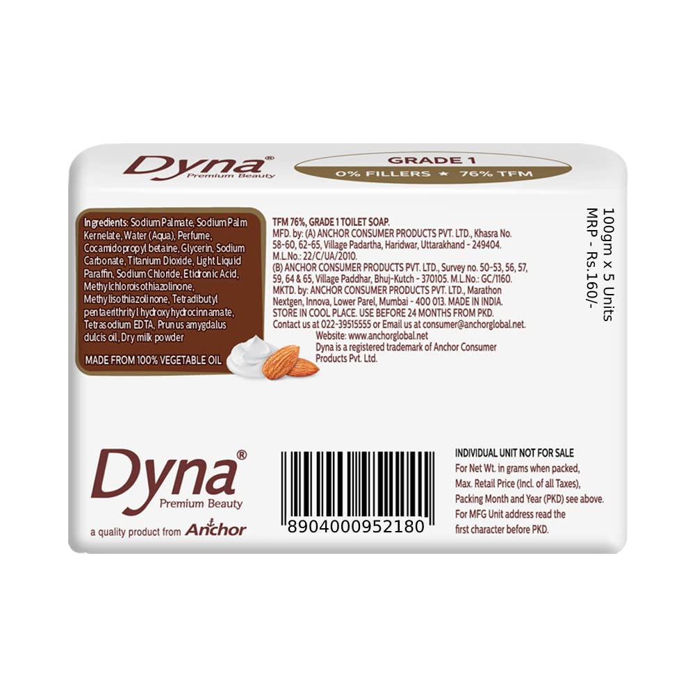 **Premium Dyna Milk Cream & Almond Oil Extracts Bathing Soap - 100g x 5 Bars (76% TFM, Grade 1) - Moisturizing & Nourishing for Dry & Sensitive Skin - Perfect for Daily Bath & Relaxation**