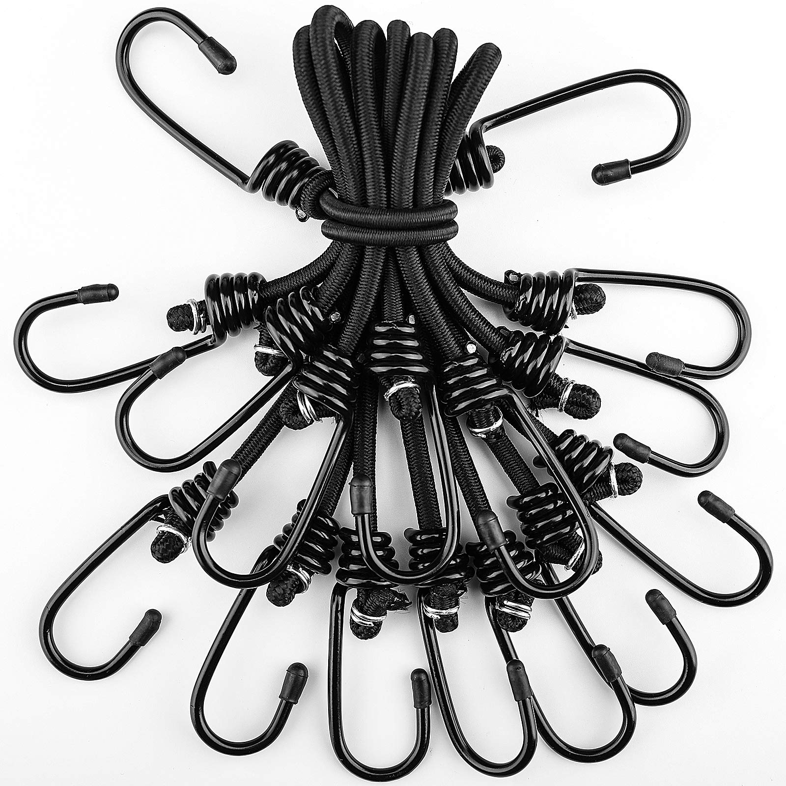 15 Inch Black Bungee Cords with Hooks - 8 Pack Heavy Duty Elastic Tie Down Straps for Camping, Truck, RV, and Outdoor Gear Organization