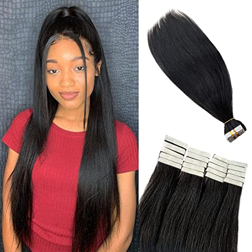 #1B Natural Black Tape in Hair Extensions 20 Inch Yaki Straight - 50g 20pcs Real Human Hair for Black Women | Invisible Replaceable Tapes | Perfect for Daily Wear, Styling & Special Occasions