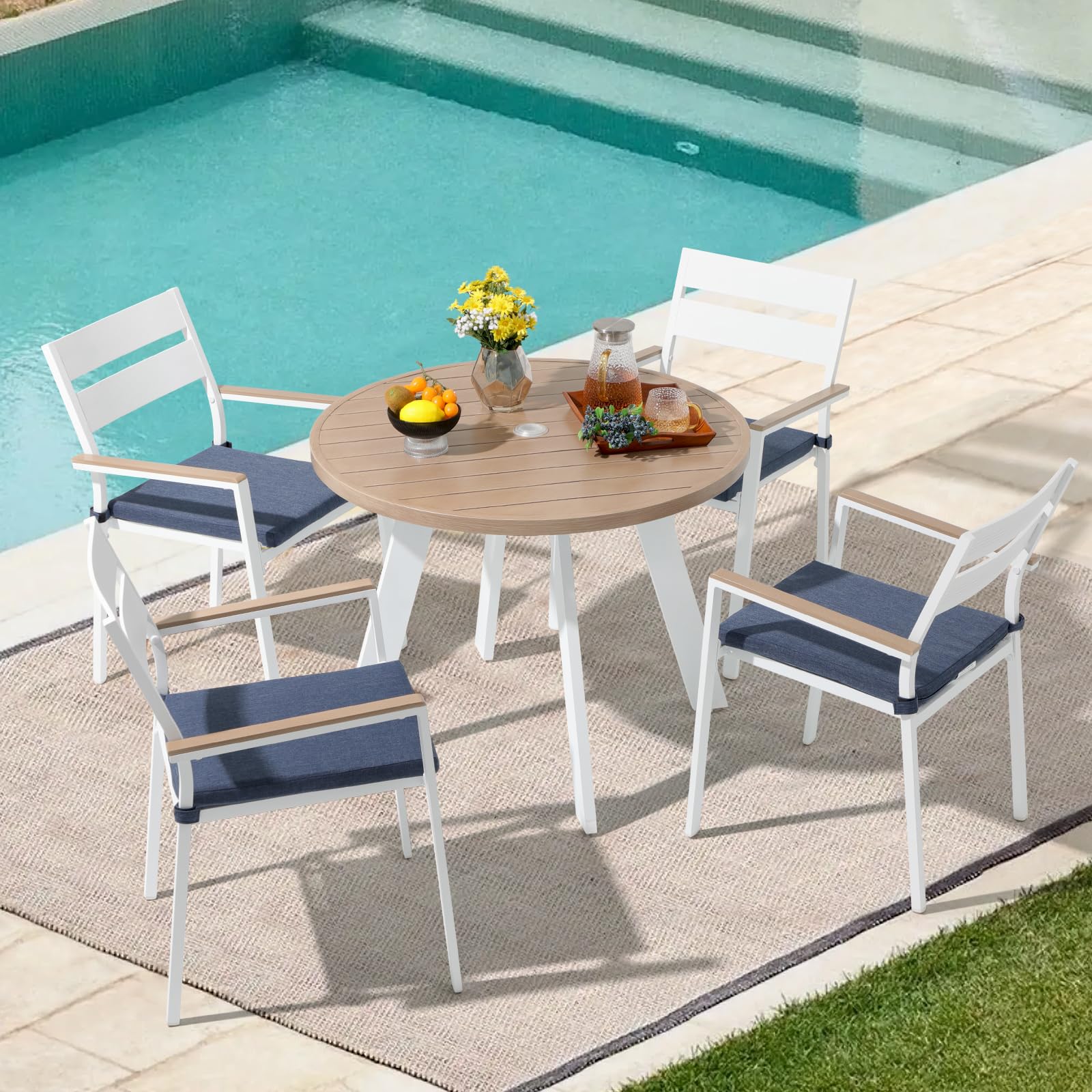 JOIVI 5-Piece Outdoor Dining Set - Aluminum Patio Furniture with Wood Grain Tabletop & Navy Blue Cushions, Stackable Chairs for 4 People, 2.05